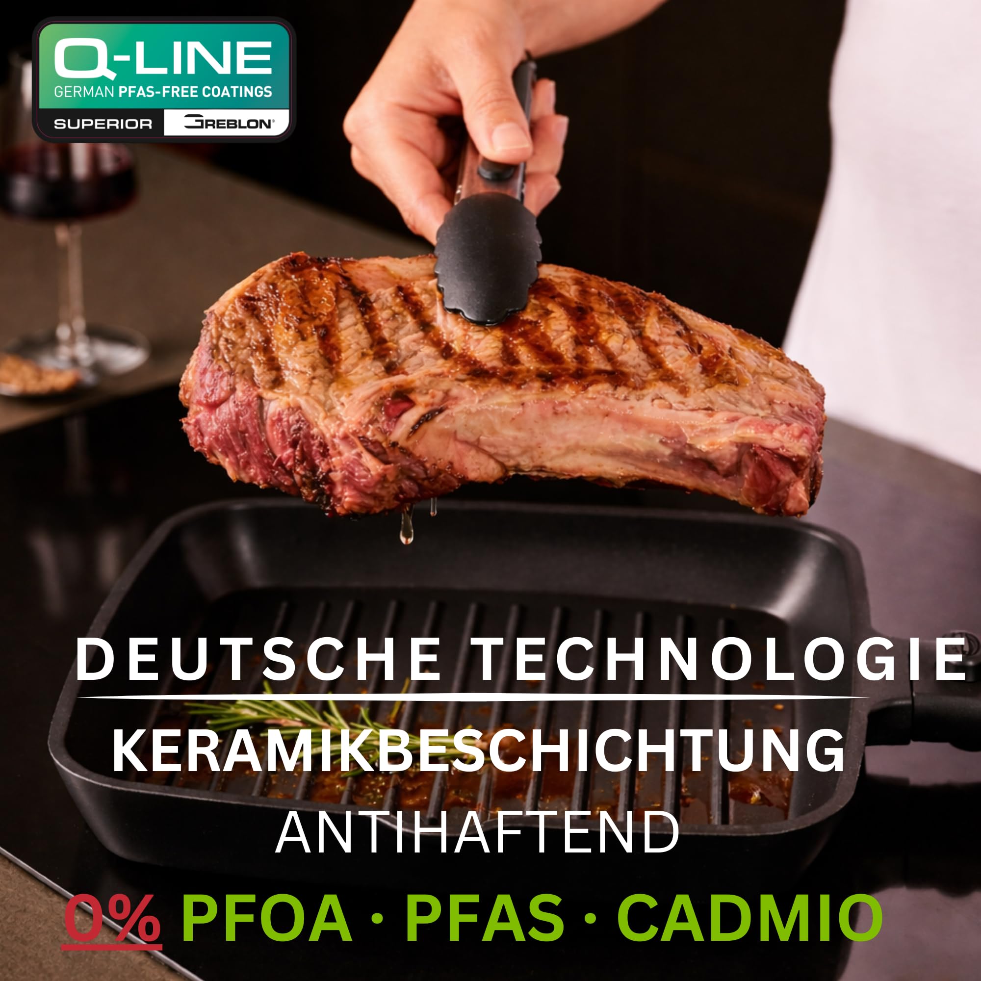 Stone&Stone Grillpfanne Induktion 28 cm Quadratisch Antihaft mit Abnehmbarem Griff, Deutsche Keramikbeschichtung, Vollstahlboden, Für Gas und Backofen, PFAS-, PFOA- und PTFE-frei