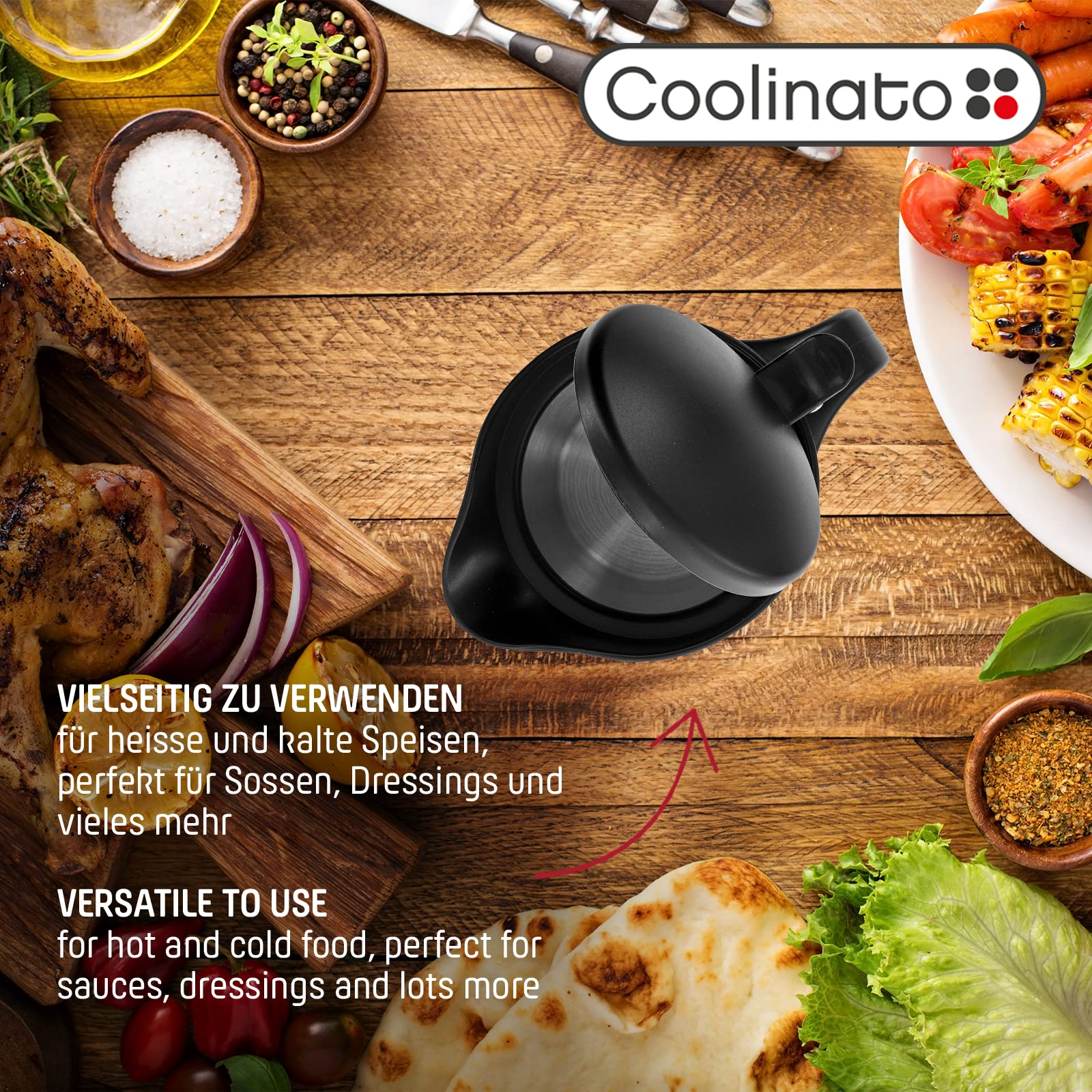 Coolinato Thermo Edelstahl Sauciere, 400 ml, doppelwandiger Edelstahl, auslaufsicherer Deckel, 11x 8,5 x 14 cm, geeignet als Saucenausgießer und isolierender Thermobehälter