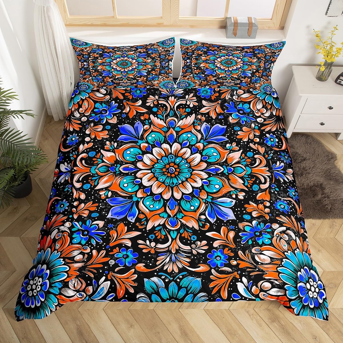 Erosebridal Paisley Duvet Cover Queen Size,Psychedelic Mandala Comforter Cover for Kids Teens Adult,Aesthetic Floral Bedding Set,Bohemian Flower Bedspread Cover with 2 Pillow Cases Bedroom Decor