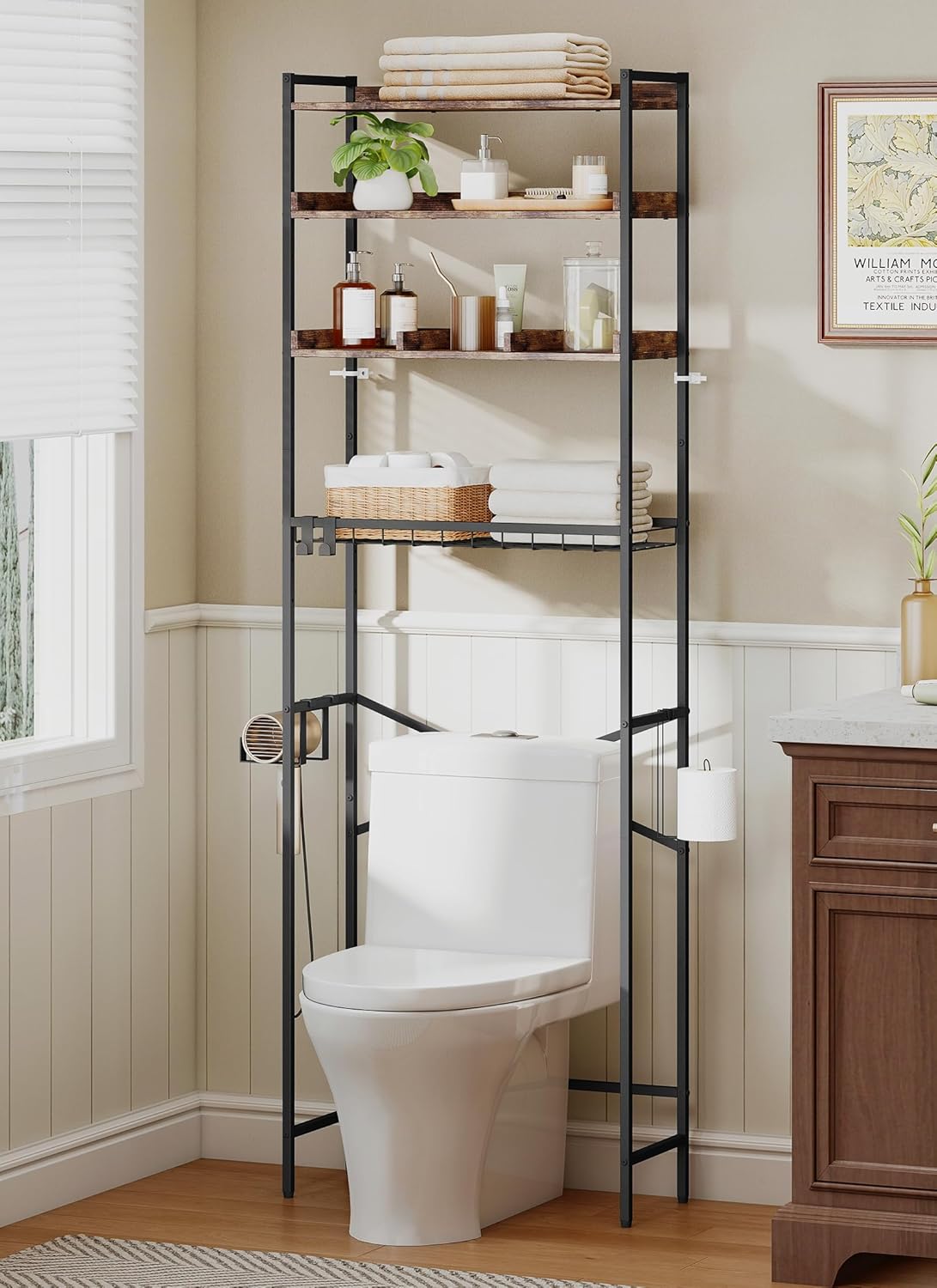 4 Tier Over The Toilet Storage Shelf with 3 Adjustable Shelves, Space Saver Bathroom Organizer with 4 Hooks, Freestanding Above Toilet Rack for Restroom Laundry (Brown)