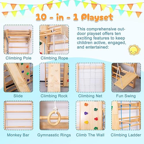 Miniatura 3 de KEIKI Gimnasio de la selva interior 10 en 1, parque infantil de madera todo en uno con poste de escalada en roca, cuerda, roca, pared, red,