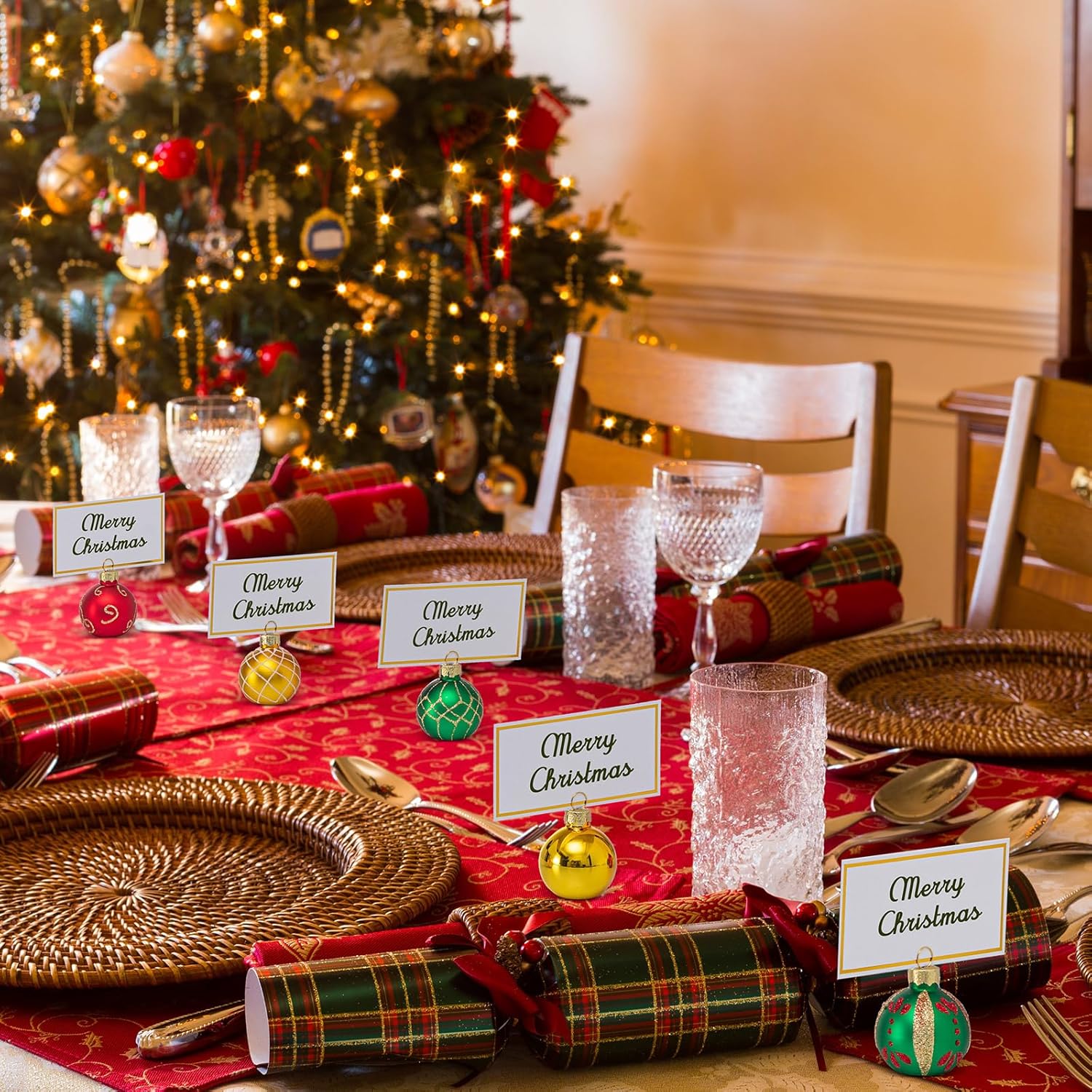 Nitial Christmas Ornament Place Card Holders with Name Cards Glass Red Green Gold Table Number Holders Table Sign Card Holder for Christmas Party Wedding Anniversary Birthday, 1.57 Inch (24 Set)