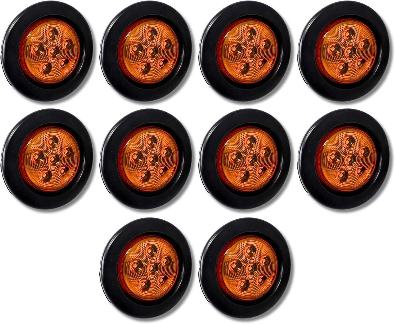 2.5/2-1/2" Round 6 LED Red/Amber Light Truck Trailer Side Marker Clearance Grommet Pigtail Plug Kit (10x, Amber)