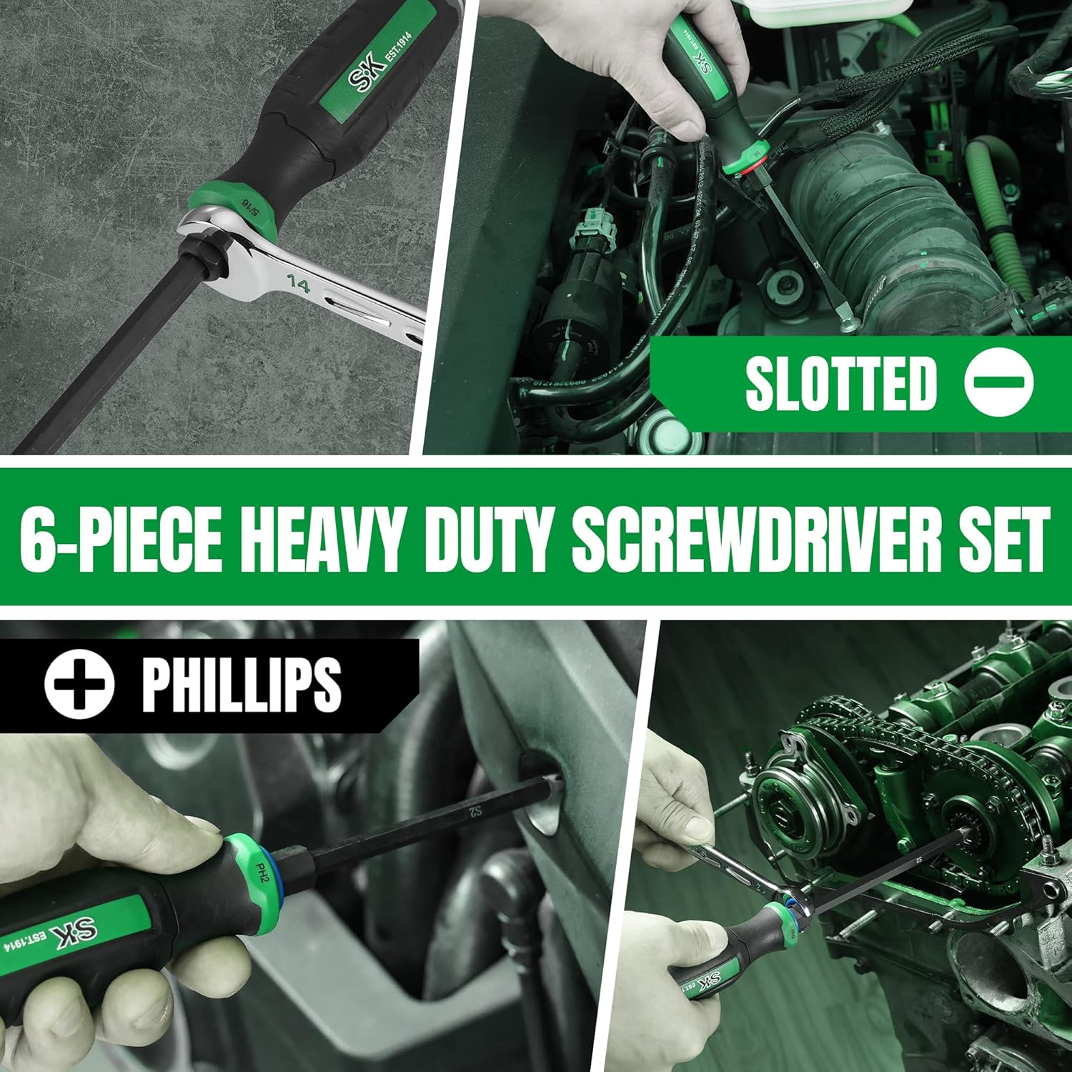 SK 6-Piece Heavy Duty Screwdriver Set, Demolition Driver, Slotted and Phillips, S2 Steel, SureGrip Handle