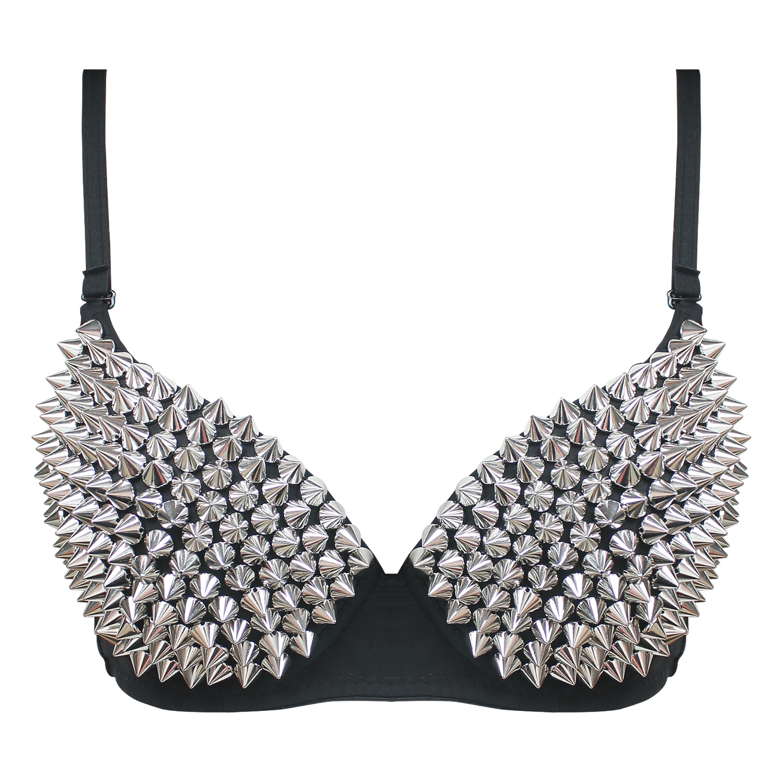 Photo 1 of (Size: M, B Cup Only), Studded Bra, Spike Bra, Spiky Steampunk Metallic Studded Rivets Top, Black Bedazzled Rhinestone Strappy Sexy Bras for Women, Dancing Performance, Sport Party, Club, Rave