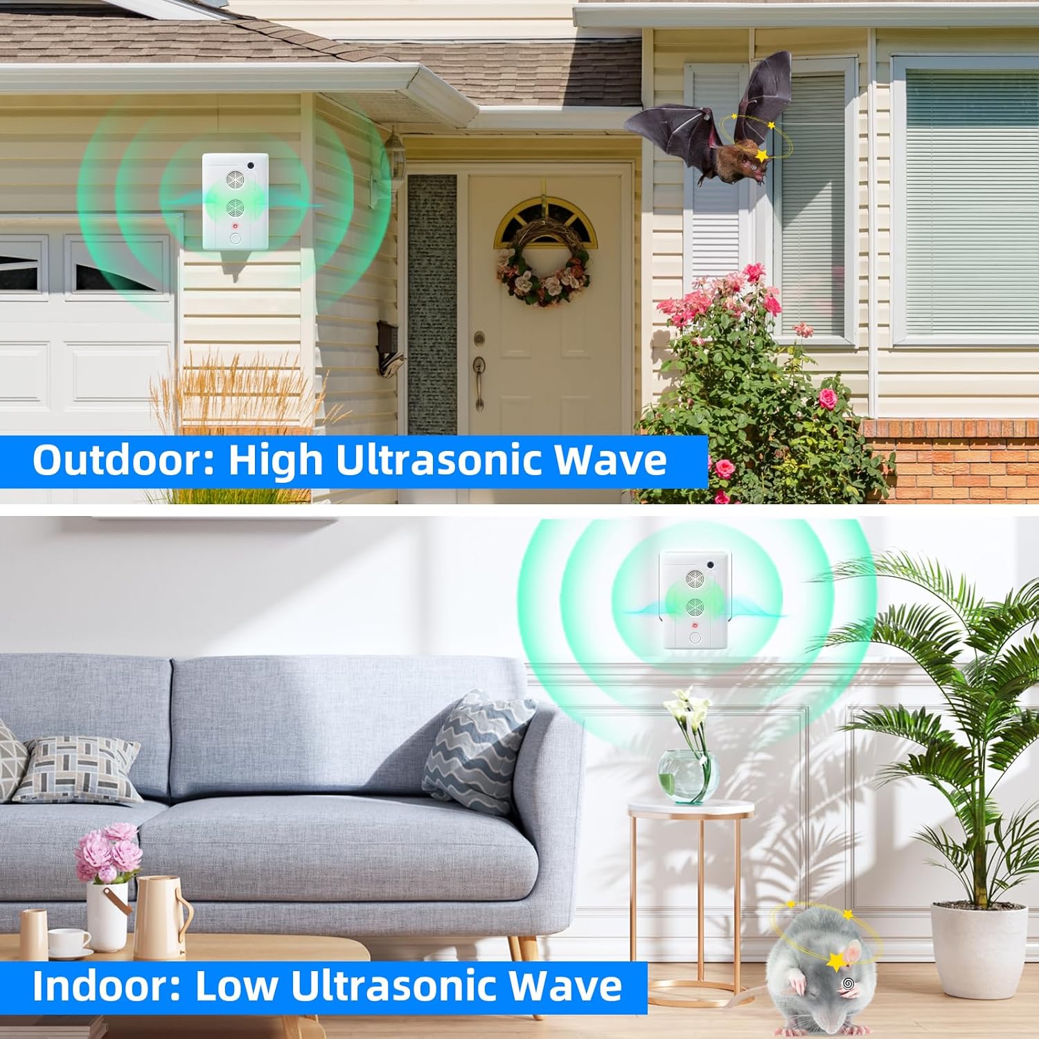 Ultrasonic Bat Repellent for Attic,Plug in Electronic Bat Repeller Deterrent Devices with Adjustable Frequency Repelling System,Humane & Effective Get Rid of Bats Keep Away Home Farm Garage Indoor