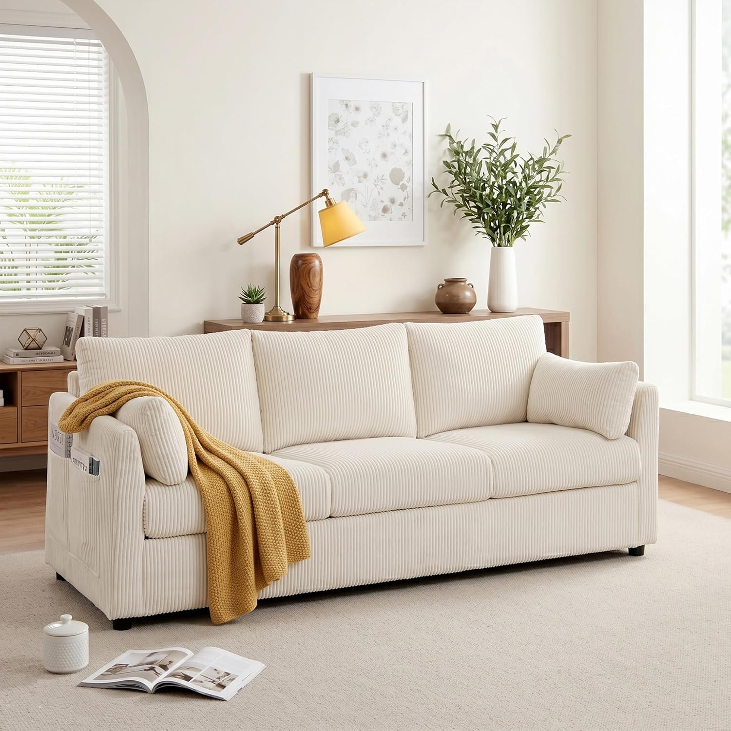 Mofolit 79" Couch Sofa for Living Room,Mid Century Modern Couches with Big Pockets, Corduroy Sofa with Three Cushions and Solid Wood Frame for Apartment and Small Spaces (Beige, Sofa)