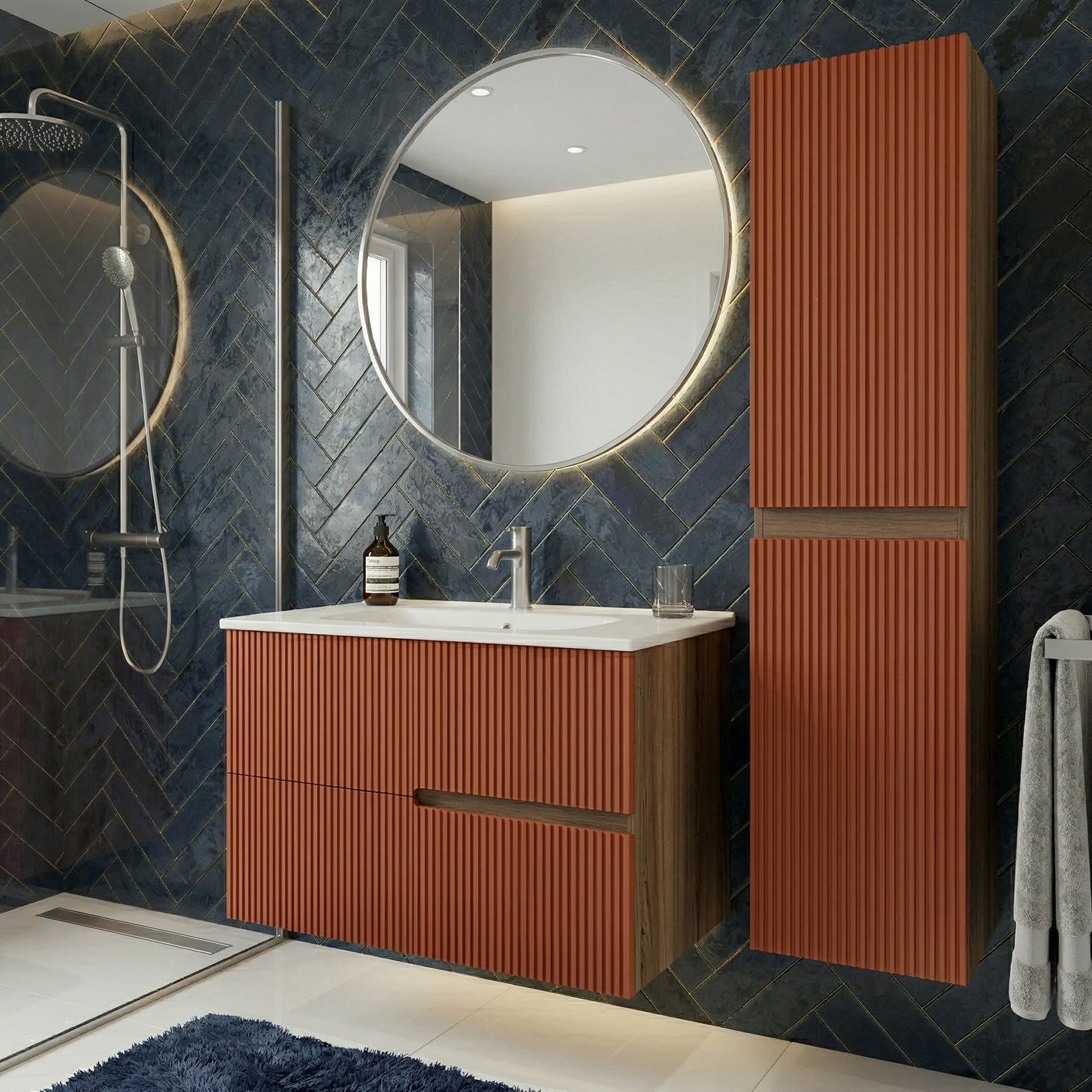 SANIVERRE Ensemble Meuble Simple Vasque L.80cm + 1 Colonne à Suspendre Chêne Moka 2 tiroirs Brique cannelé Collection Salle de Bain EVA