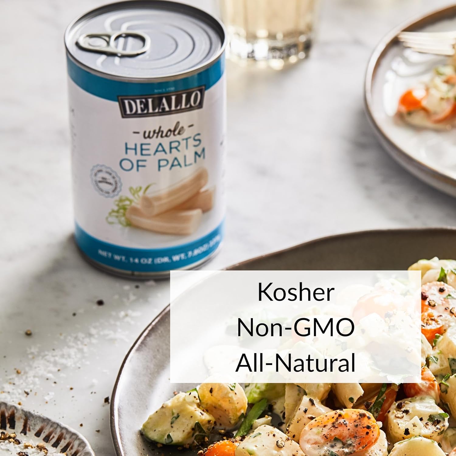 DeLallo Whole Hearts of Palm, All Natural, Harvested in South America, Low Fat and Low Calorie, Unique Canned Vegetable for Topping Salads and Snacking, Non-GMO, Kosher, Gluten-Free, 14.1 oz Can, (6 Pack)