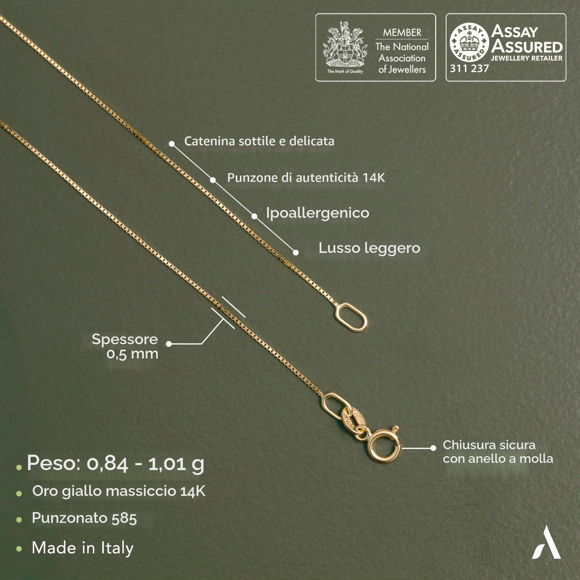 Amberta Collana Donna Oro 14K 18K Vero | Catenina Oro Donna Uomo Super Sottile Delicata 40/45/50 cm | Girocollo Barbazzale Singapore Veneziana