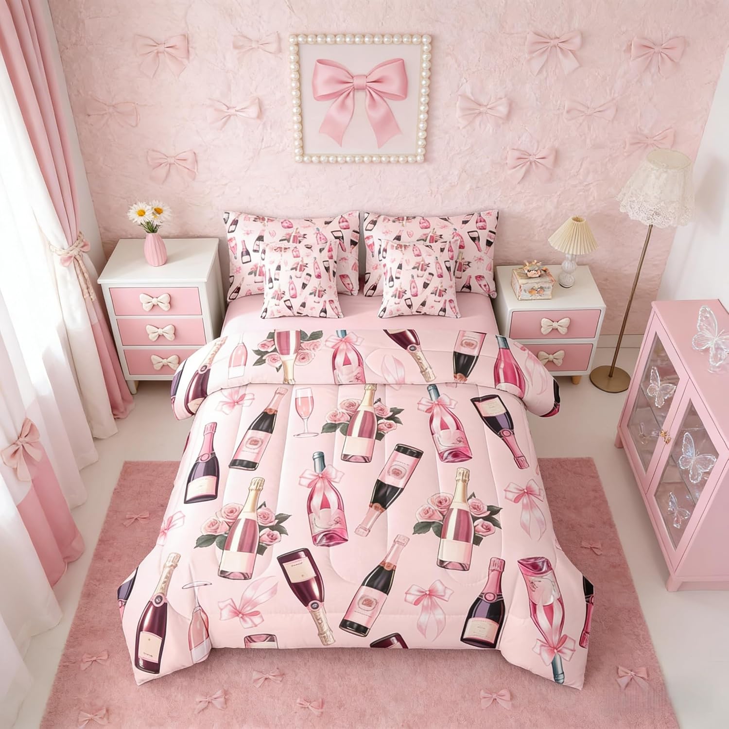 Erosebridal Bowknot Pink Black Floral Women Full Comforter Set 7 Pieces | Girly Bow Rose Bed in A Bag for Bedroom Ribbon Wine Glass Bedding Set with Comforters Coquette Room Decor