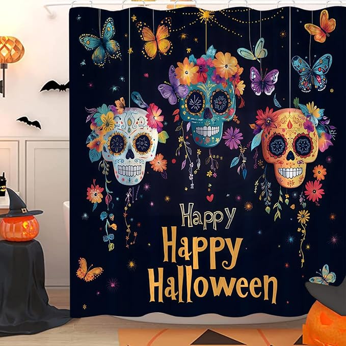 Halloween Mexican Shower Curtain Day of The Dead Gothic Sugar Skeleton Spooky Funny Skull Flower Butterfly Hispanic Style Abstract Holiday Bath Curtain with Hook,70x70 Inch