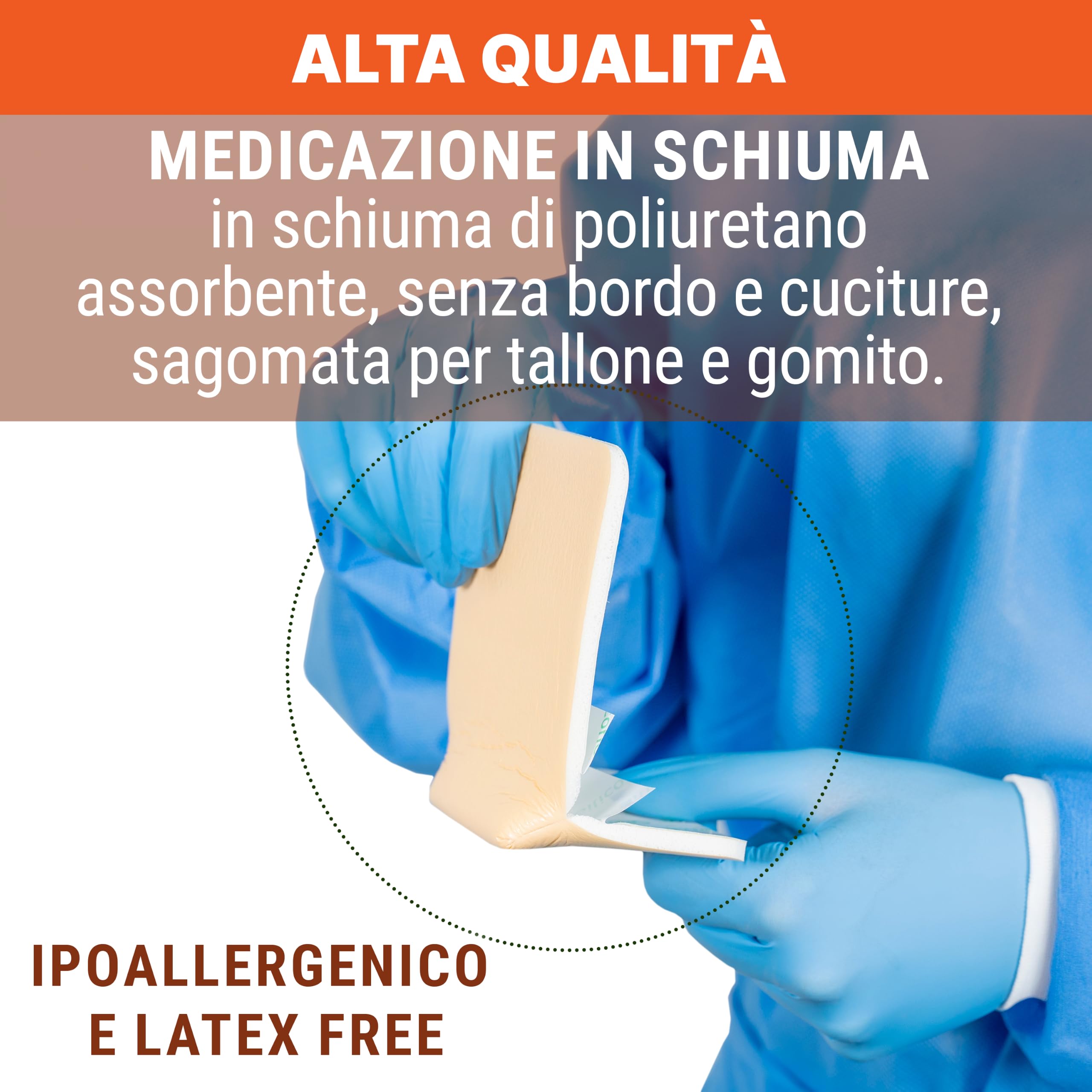 Medicazione Sterile in Schiuma di Poliuretano - 10x17,5 cm - Sagomata per Tallone e Gomito - Senza Bordo Adesivo - Monouso - Confezione da 5 Buste