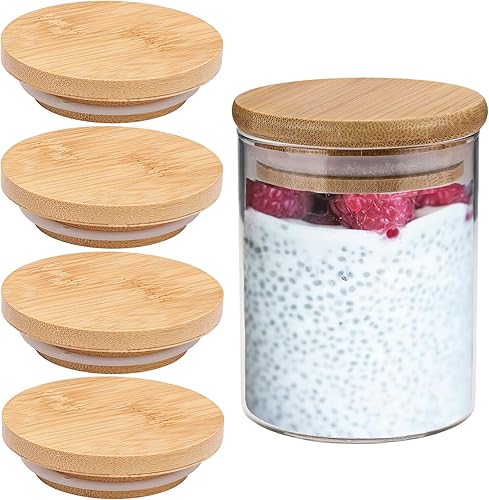Paquete de 4 tapas de bambú para almacenamiento de tarros de conservas de boca regular para frascos de bola, tapas de tarros de madera (tarros y