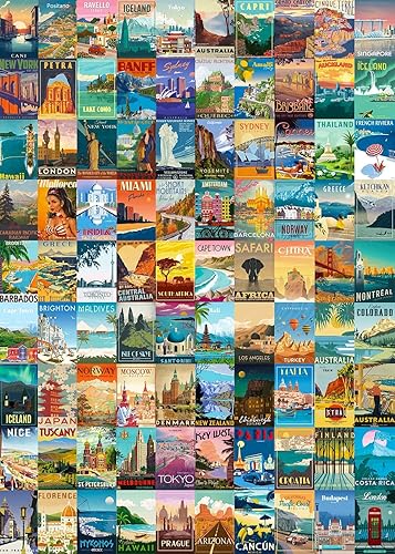Rompecabezas para adultos de 1000 piezas de viaje vintage por el mundo, rompecabezas de paisaje póster rompecabezas monumentales, rompecabezas de