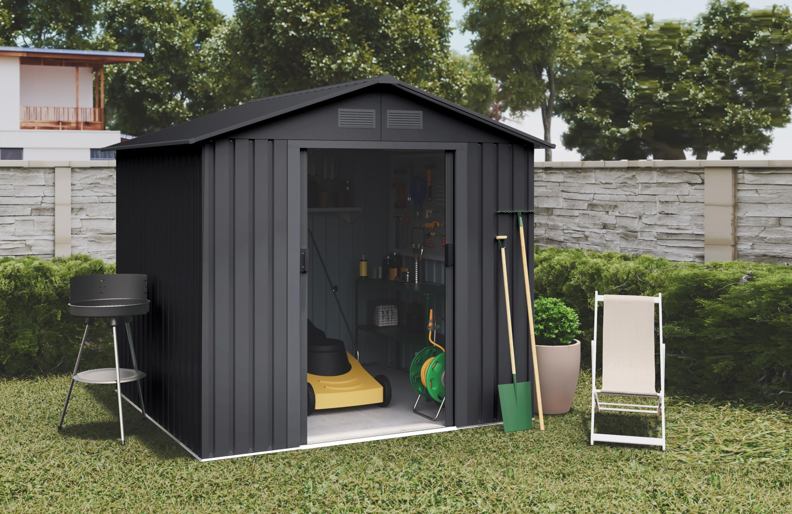 Wasabi - Casetta di Giardino in Metallo 5,27m2 Light Anthracite – 261x202x202cm - 4 Griglie Anticondensa - Porta Scorrevole Doppia – Tetto a Due Spioventi - Capanno di Metallo per Stoccaggio Esterno