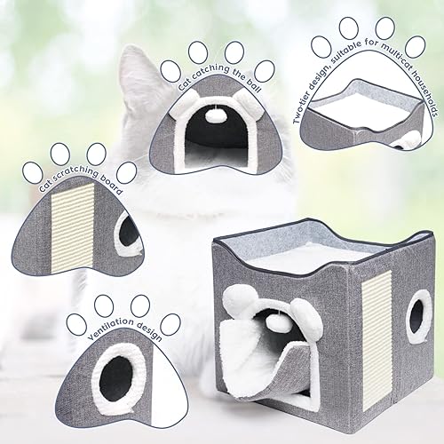 Miniatura 3 de Cama grande para gatos, cama plegable para gatos, camas para gatos de interior con almohadilla para rascar gatos y bola esponjosa para colgar en