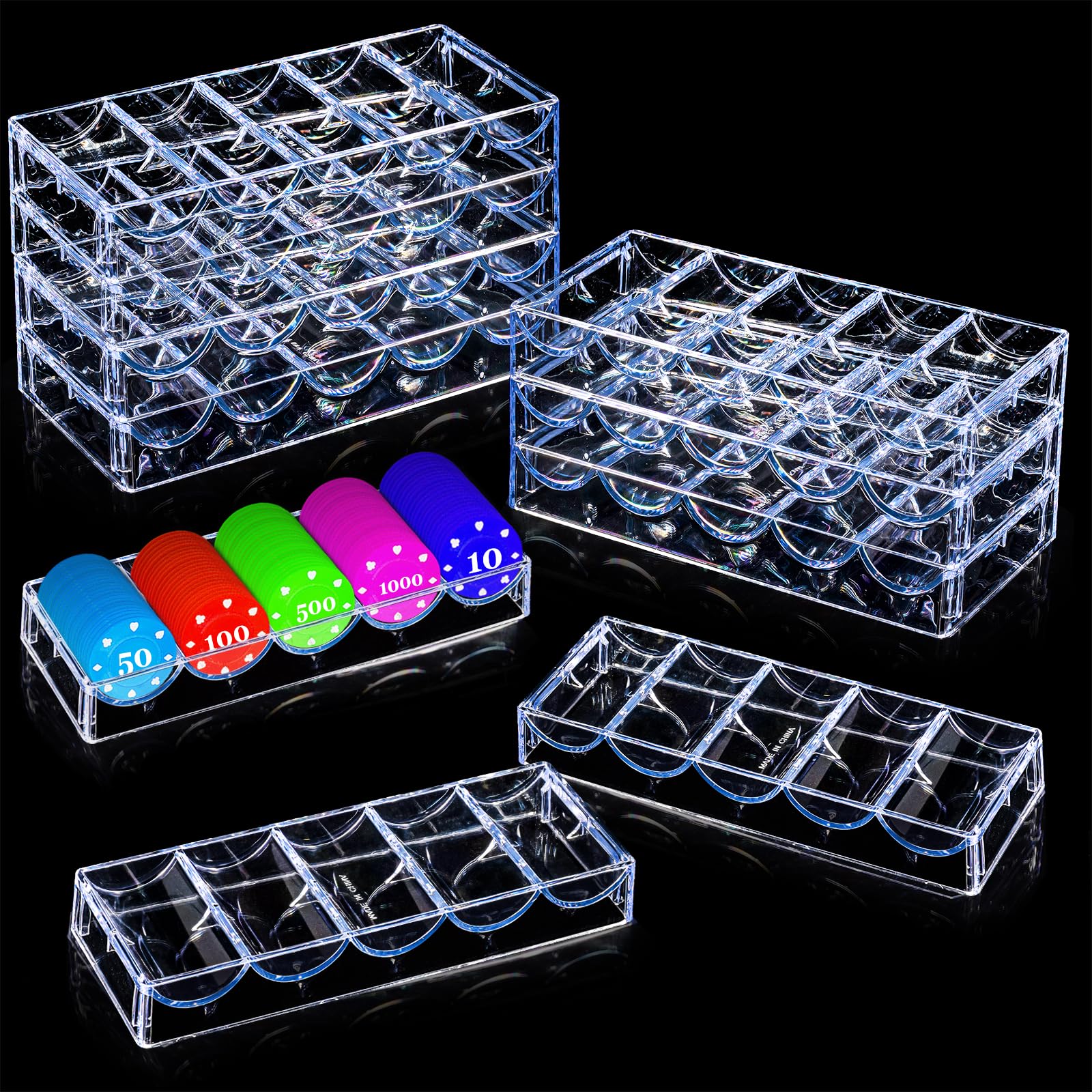 Pumtus 10 Stück Pokerchip-Tablett, transparent, dicker Kunststoff, für Casino-Chips, jeweils für 100 Chips, Standard-Größe, stabile Tonchip-Boxen für Pokerclub, Glücksspiel, Blackjack