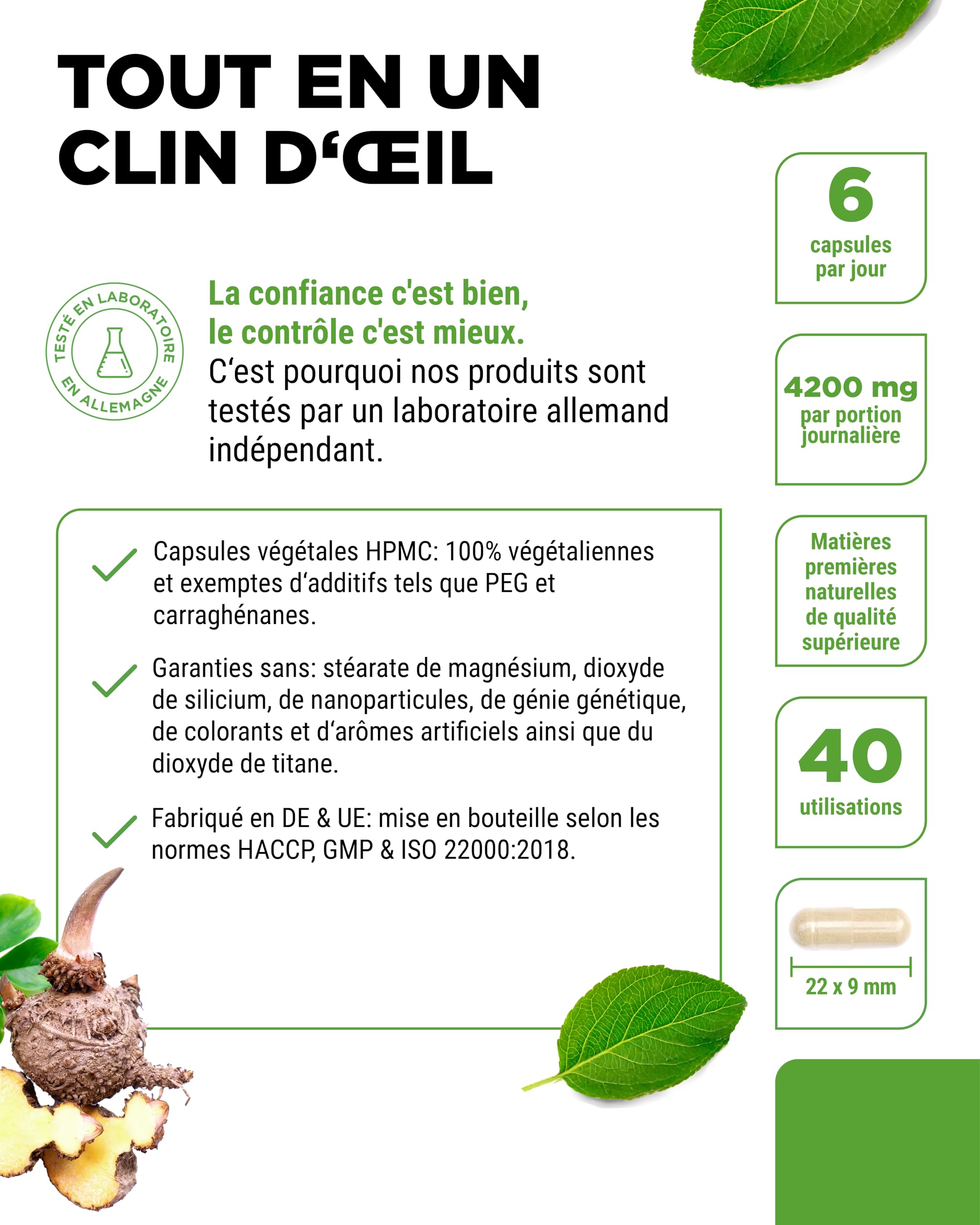 Glucomannane de la Racine de Konjac - 240 Gélules - Fortement Dosé avec 4200 mg par Portion Journalière - Optimisé avec du Chrome - Végétalien