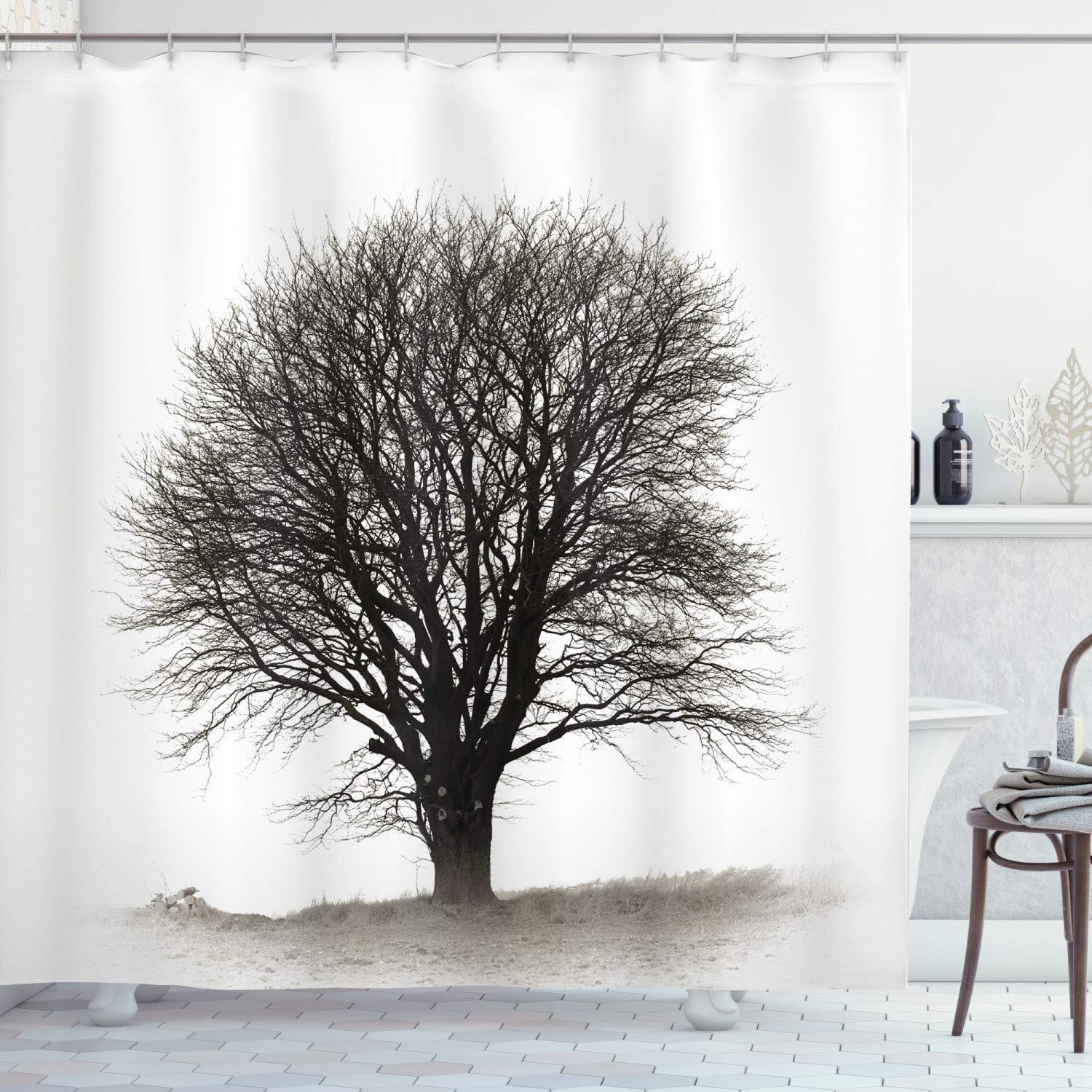 ambesonneGrey Shower Curtain, Photo of a Big Tree on a Field Branches Fall Season Monochromic Landscape Art, Cloth Fabric Bathroom Decor Set with Hooks, 69" W x 75" L, Beige Black