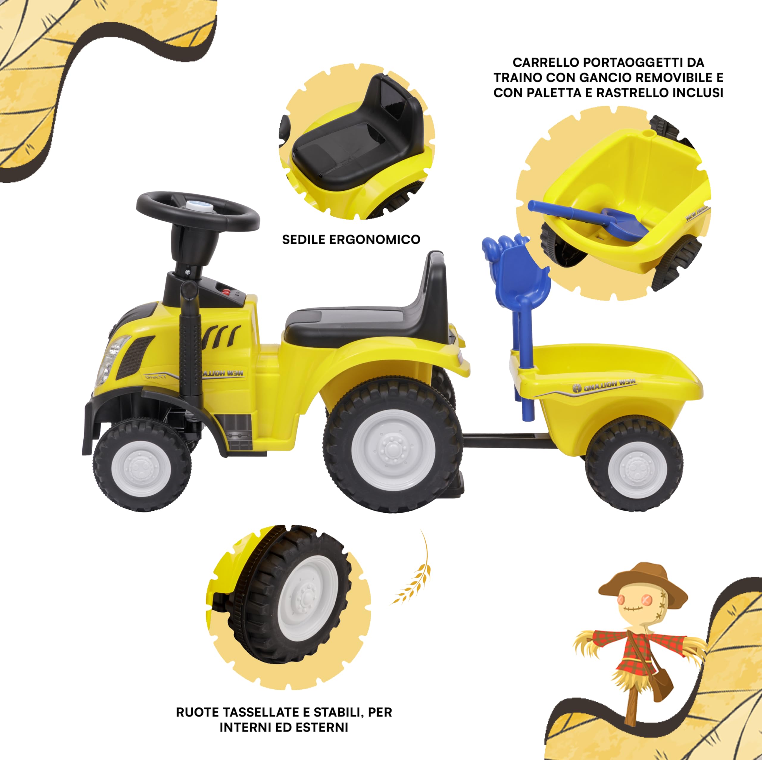 Baroni Toys Trattore Ride-On con Rimorchio per Bambini dai 12 a 36 mesi, Trattore con Clacson ad Aria, Volante Sterzante, Suoni e Fari Funzionanti, Paletta e Rastrello Inclusi, 29x91x44 cm, Giallo
