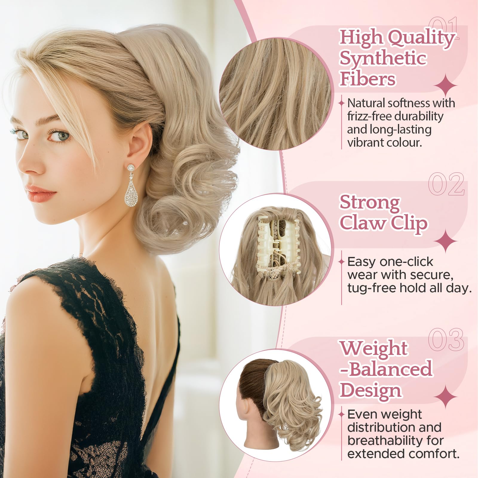 SEGO Pro Claw Clip Ponytail Hair Extensions Synthetic Pony Tail Hair Pieces for Women 12 Inch Curly 110g (Ash Blonde & Bleach Blonde) - Image 2