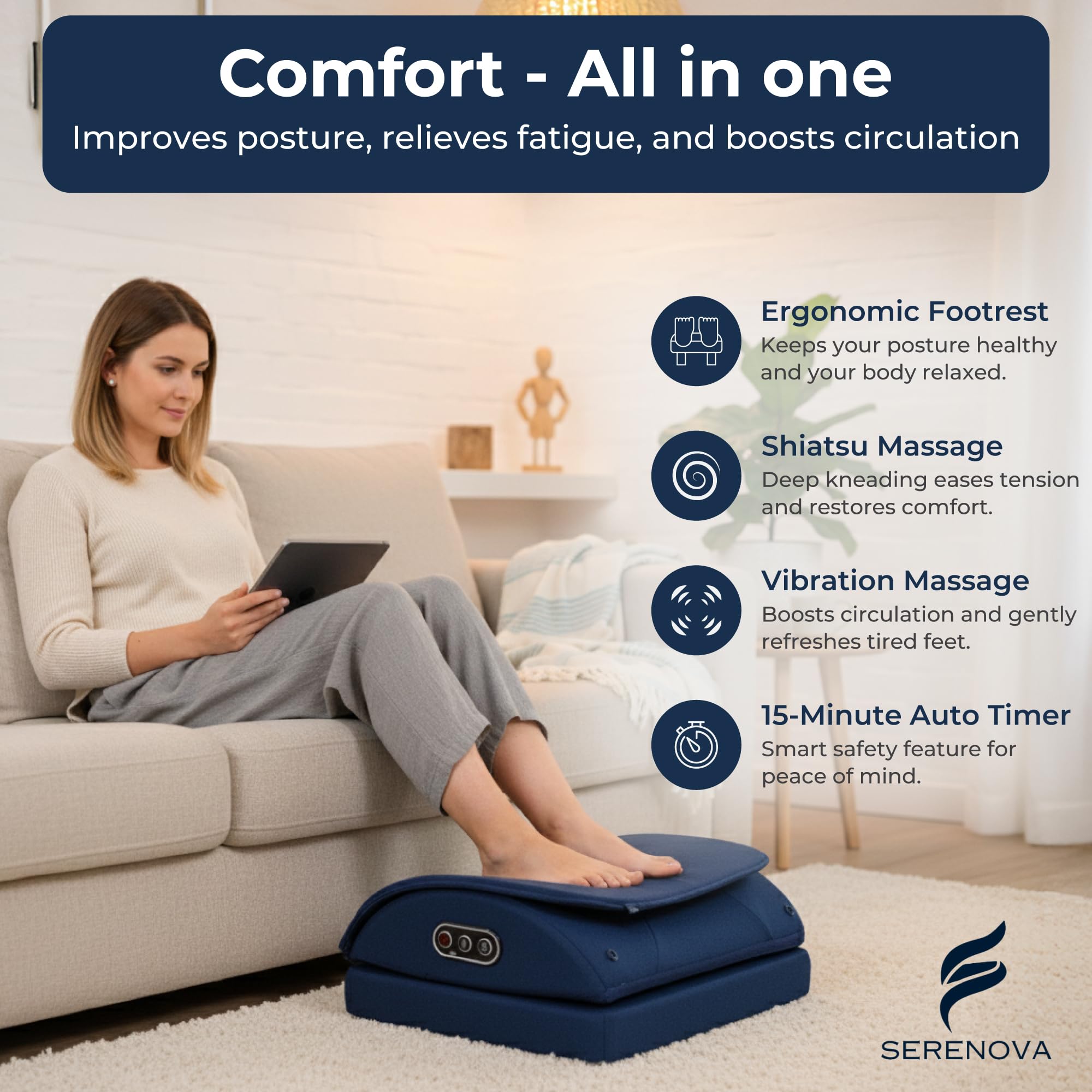 Serenova Reposapiés 2 en 1 con modos de masaje, recargable, shiatsu y vibración, azul marino