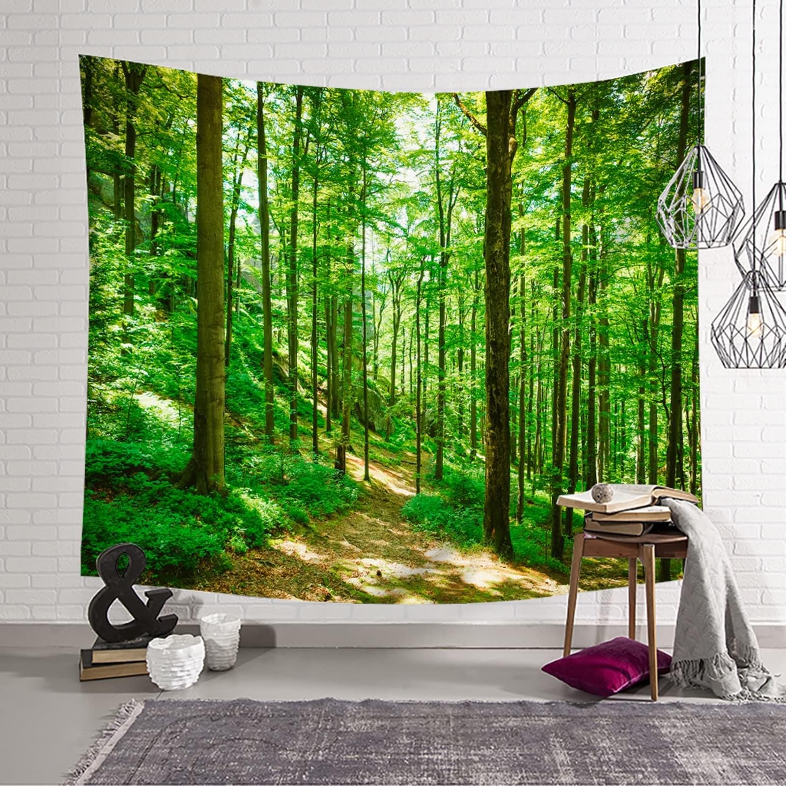 Tapiz de pared para dormitorio, 300 x 256 cm, color verde natural, diseño de árbol, color verde