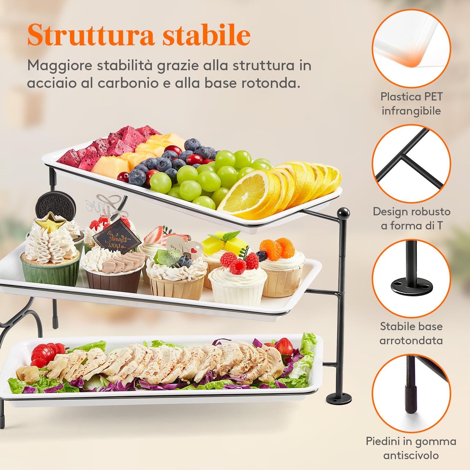 Lifewit Vassoio da Portata 3 Piatti, Vassoio Plastica Rettangolo 36×17cm, Alzate per Buffet Dolci, Portafrutta da Tavolo, Cucina Decorativo, Vassoi e Piatti con Ripiani, Rastrelliera in Metallo Nero