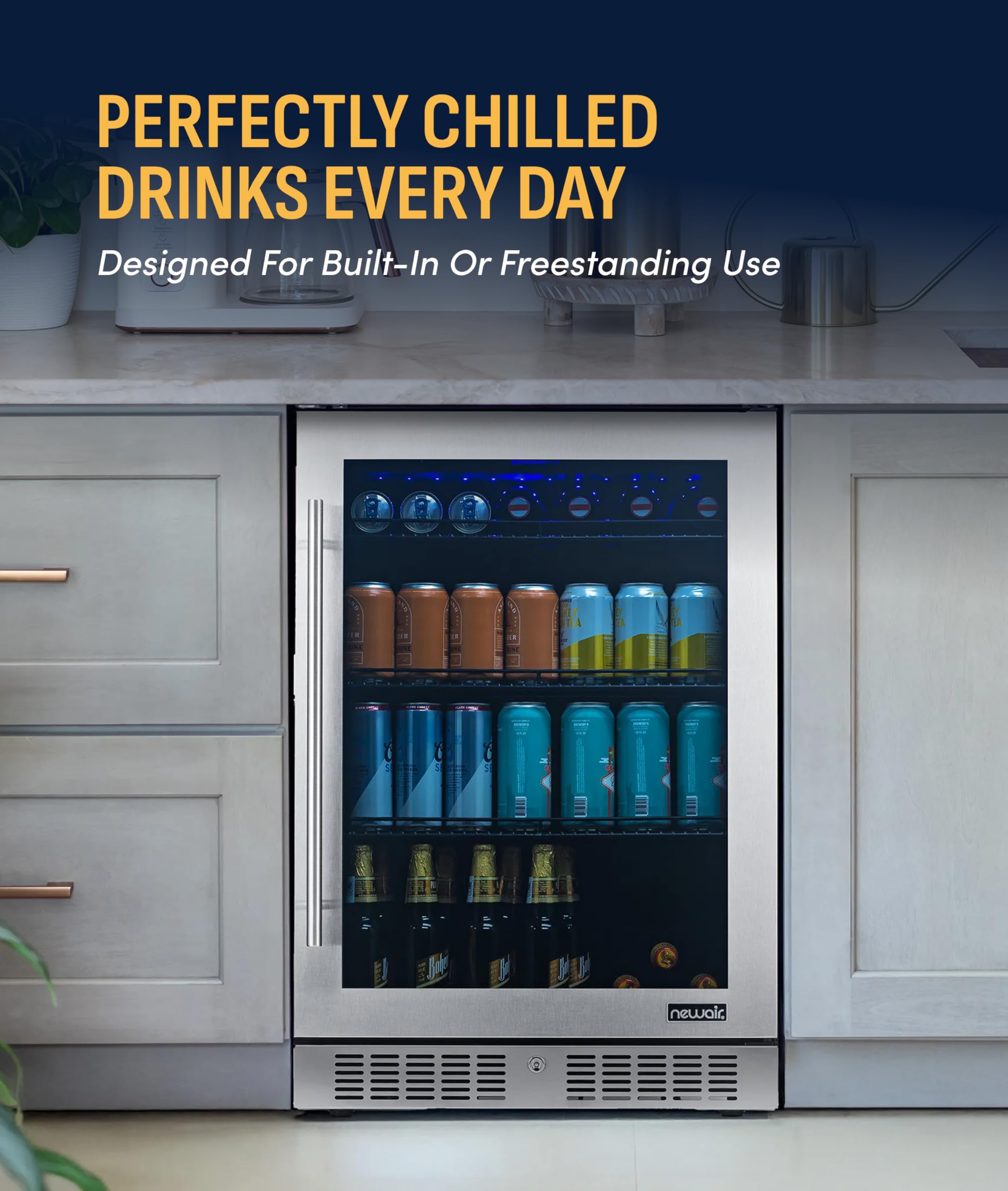 NewAir 224 Can Beverage Refrigerator | 24” Built-In Or Freestanding Mini Fridge For Bedroom, Home Bar Or Living Room | Color-Changing LED & Adjustable Shelves | Stainless Steel on Fridge.com - View 2