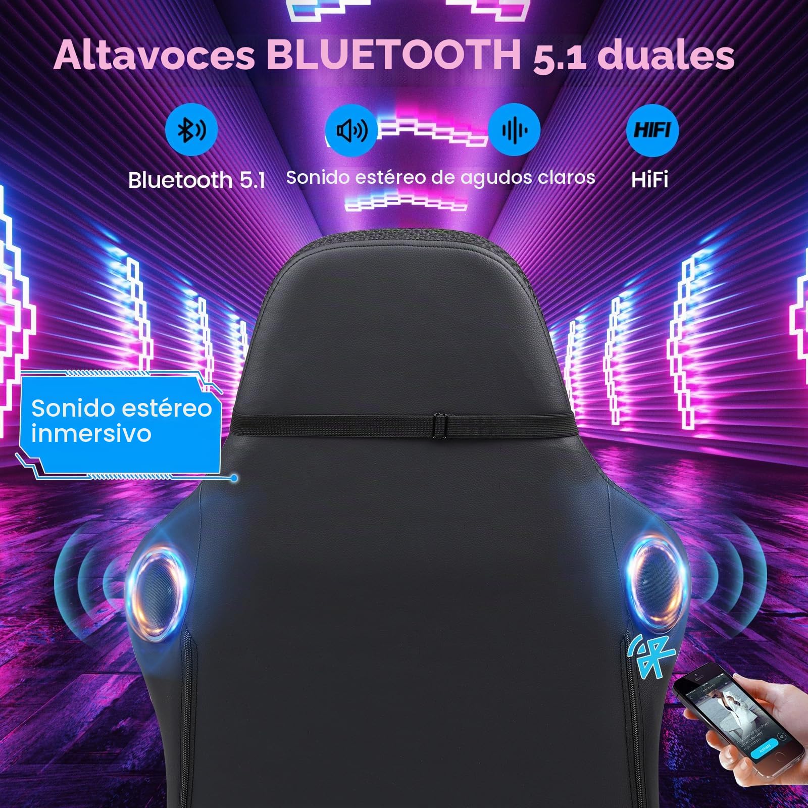 GTPLAYER Silla de gaming, silla de oficina, silla de gaming con altavoz y barra de luz, silla gamer, respaldo con bolsa de almacenamiento, silla ergonómica de PC con mando a distancia