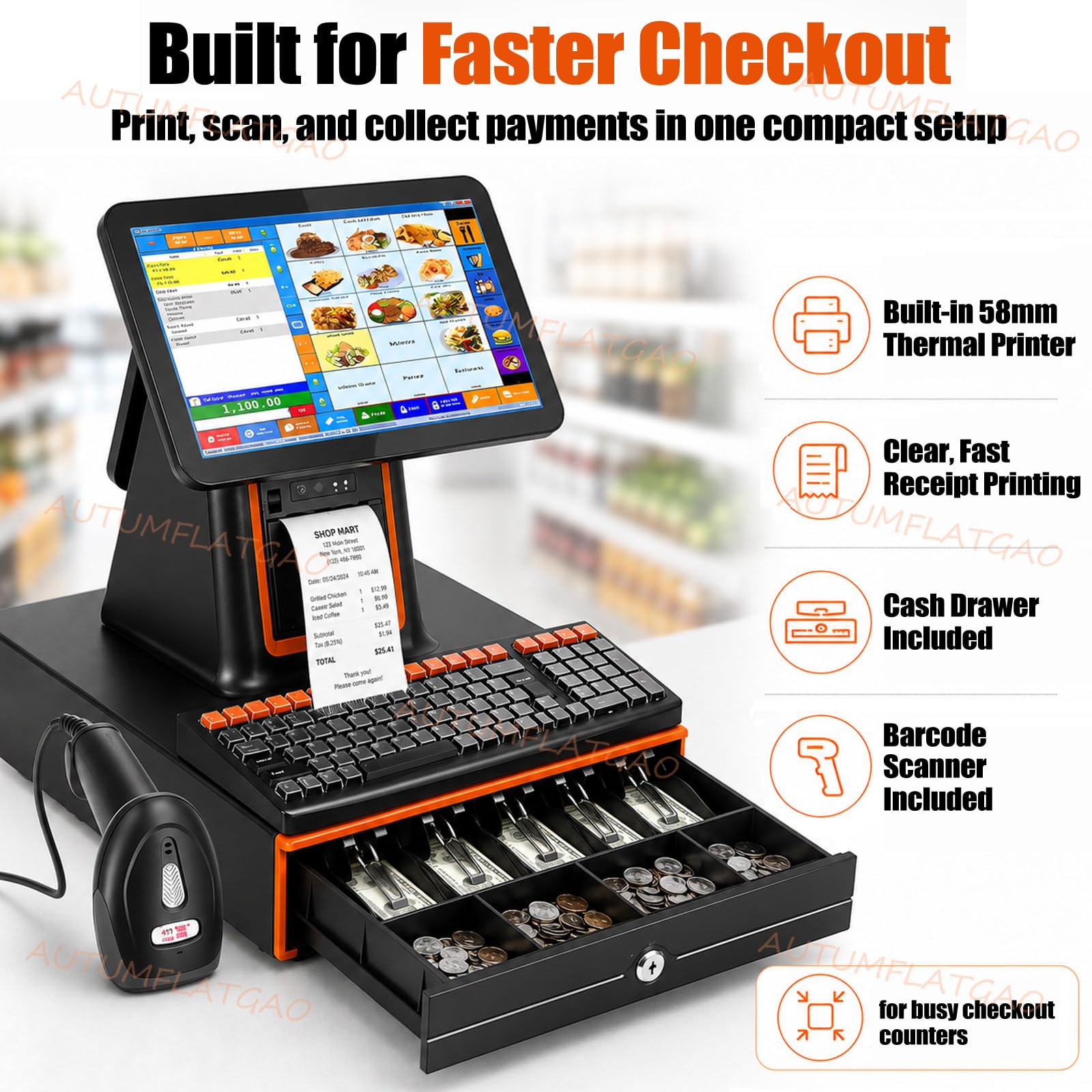 Registratore di Cassa Touch Screen per Negozi, Ristoranti E Bar, Pos Cassa con Stampante Integrata, Cassetto Portadenaro, Scanner Barcode, Display Cliente E Schermo da 15,6" White