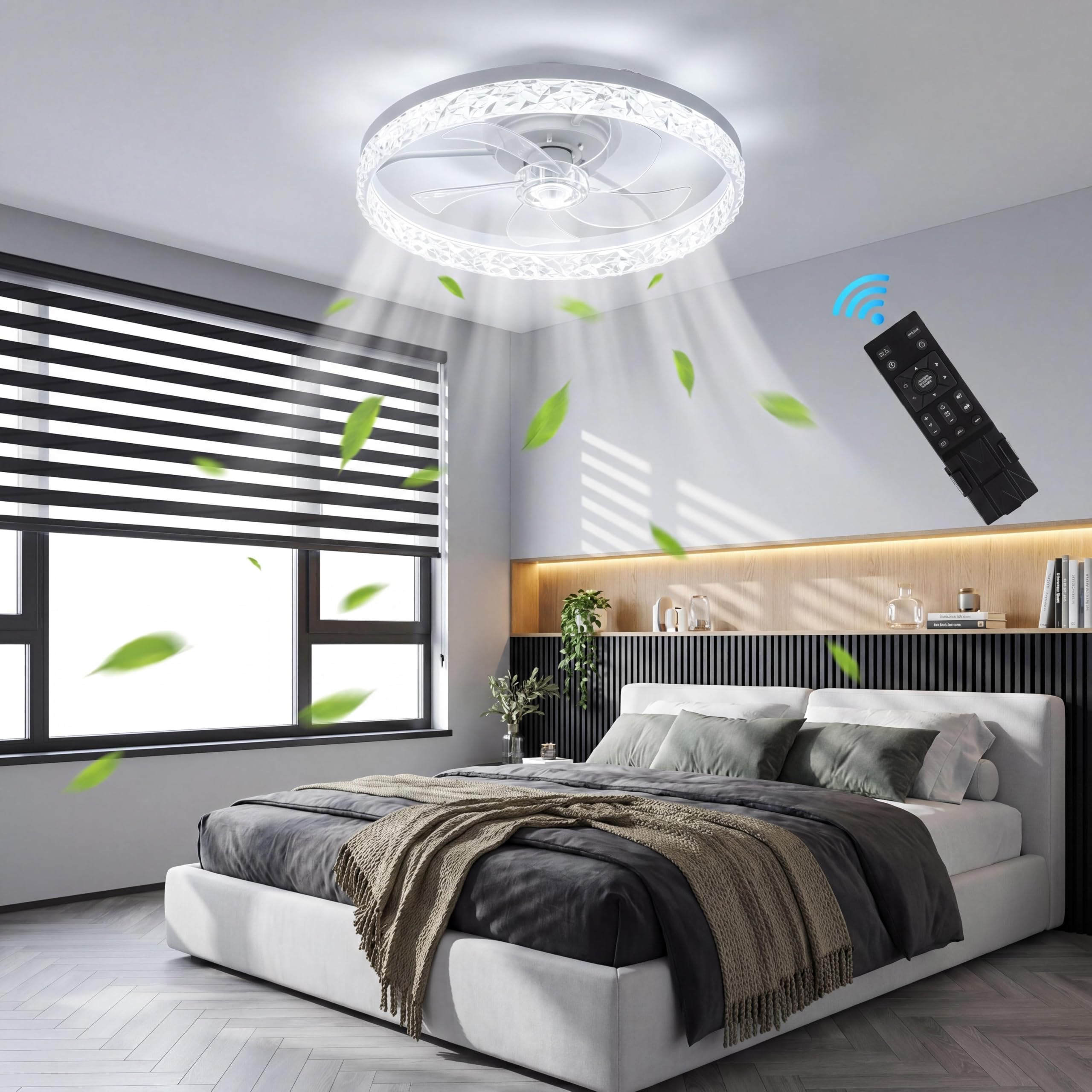 Panana LED Ceiling Fan with Light, 50CM Color Changing Bedroom Fan Light, Remote & APP &Wall Switch Control,6 Speed Reversible Quiet Ceiling Fan Light for Living Room (White, 50CM-Crystal)