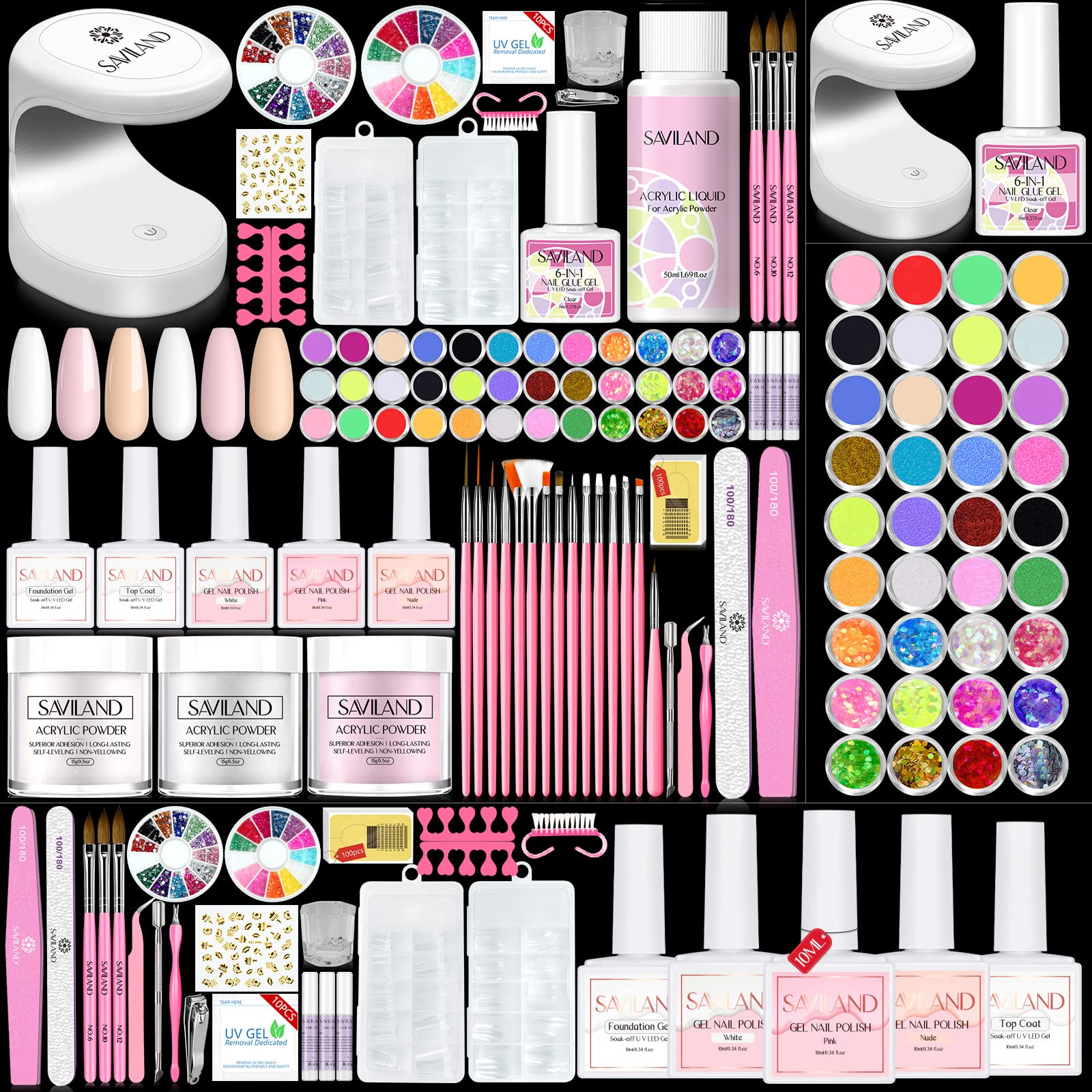 Saviland Acryl Nagelset für Nägel: Acryl Nagelset für Nagelverlängerung,Acryl Anwendung mit Acrylpulver & Acryl Liquid & Acryl Nagel Pinsel,Nagelzubehör Basis & Deckgel Acryl Nagelset für Zuhause