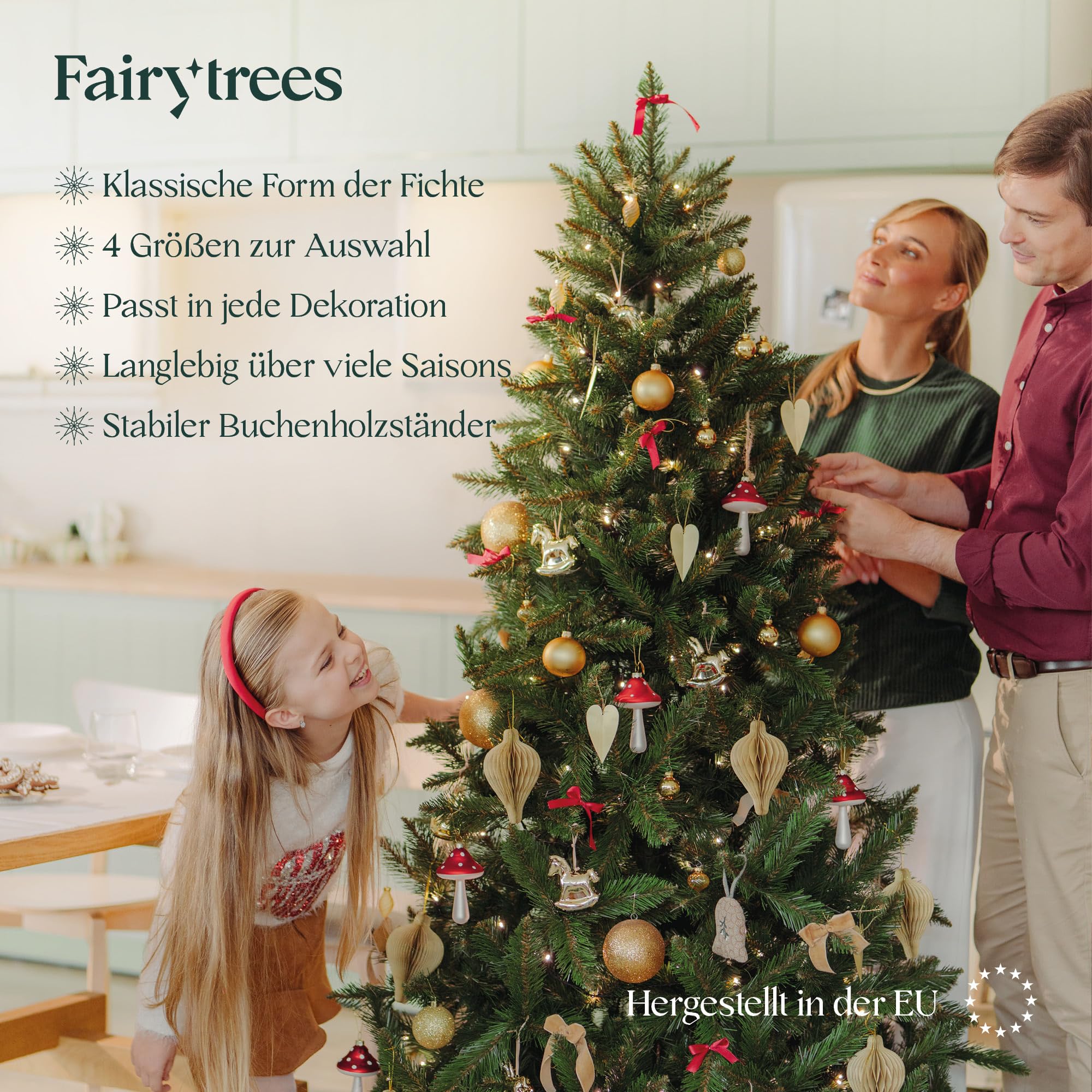 FairyTrees Weihnachtsbaum künstlich 180cm FICHTE Natur mit Christbaum Holzständer | Tannenbaum künstlich mit grünem Stamm | Made in EU