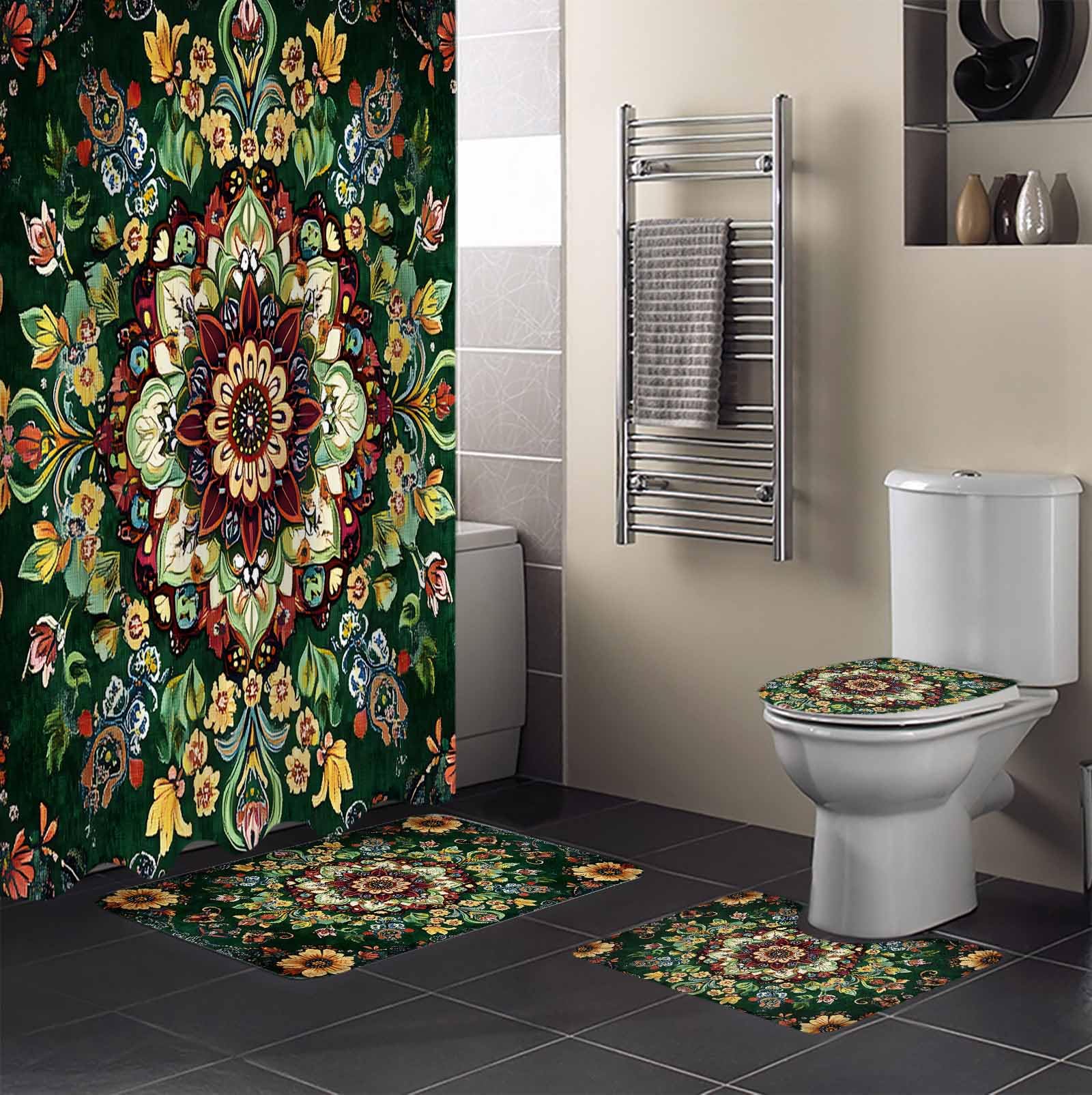 Boho Flower Bathroom Set with Shower Curtain and Rug Accessories - 36x72 Inches Long Bohemian Gorgeous Patterns Ethnic Bohemian Stall Curtain Waterproof with Small Bath Mat,Washable Runner Rug Set
