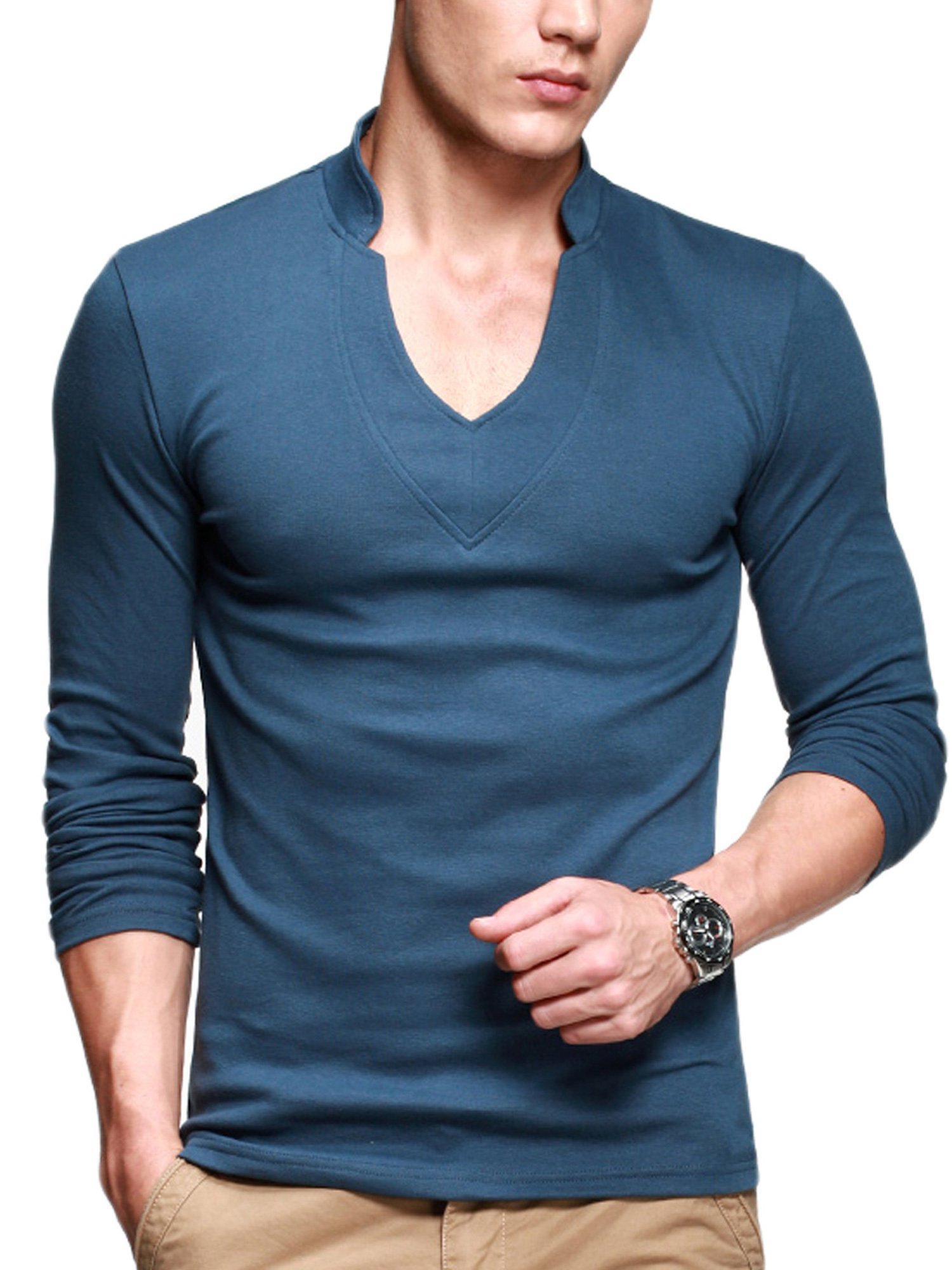 Mens T-Shirts Long Sleeves Cotton Slim V-Neck Undershirt Blue US Size M