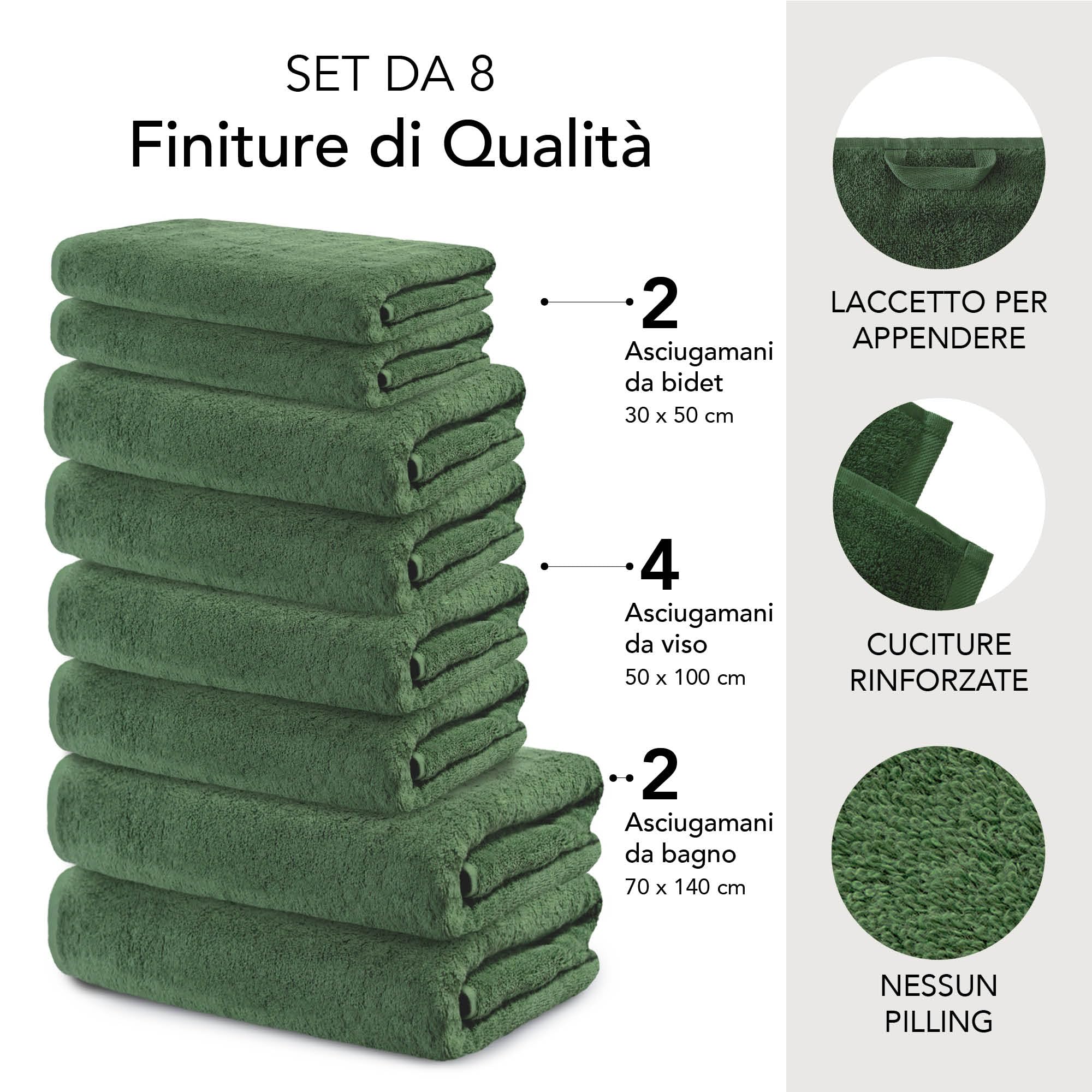 Ôhm Set Asciugamani 8 Pezzi Cotone Verde Abete | Set bagno 8 pezzi 100% cotone 500 g/m², asciugamani coordinati, morbidi e assorbenti, certificato Oeko-Tex