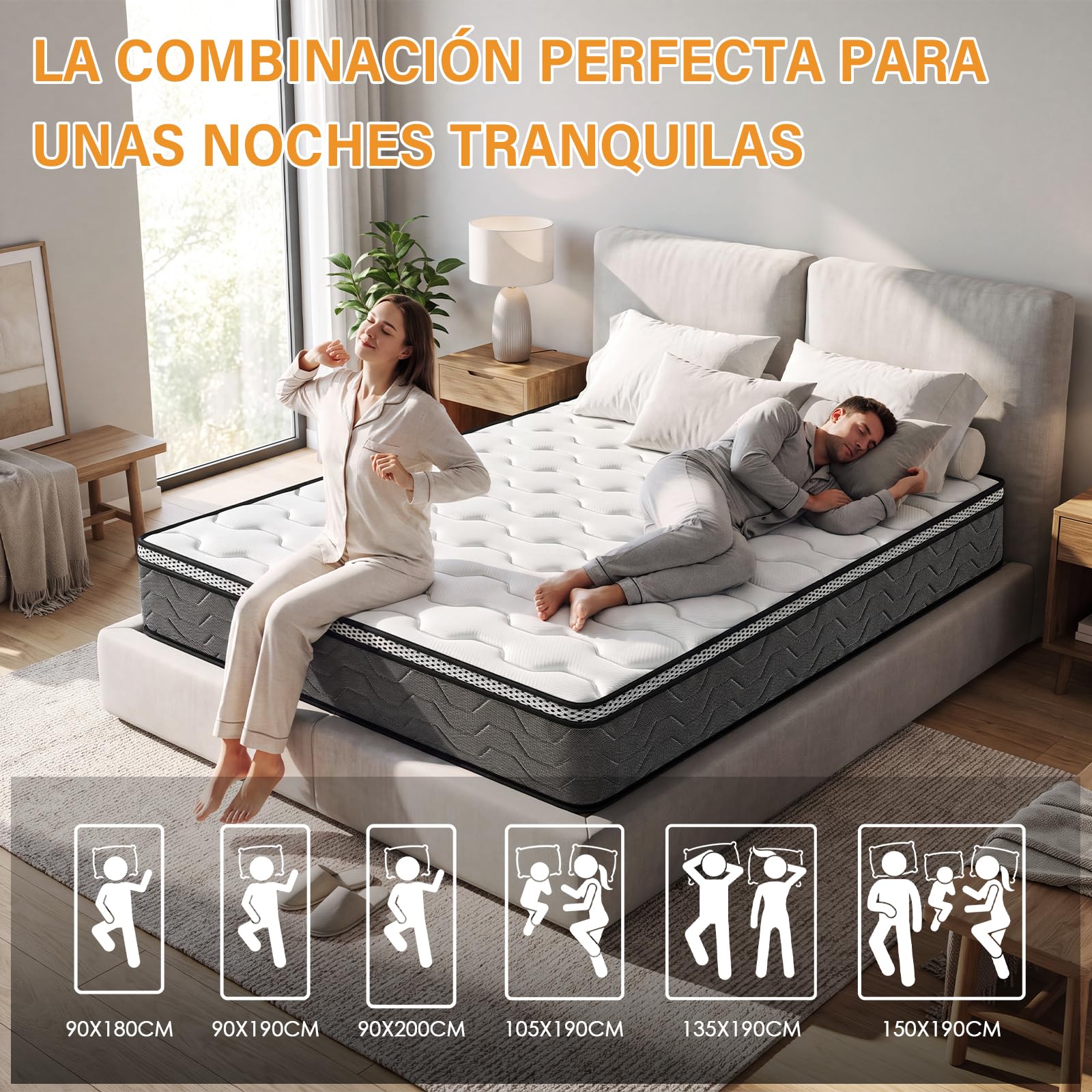 TEENO Colchones 135x190 | Altura 27 cm | Colchón Viscoelástico | Muelles Ensacados | Firmeza Media-Alta | Adaptabilidad Premium | Antideslizante | Antibacterial | 7 Zonas Confort
