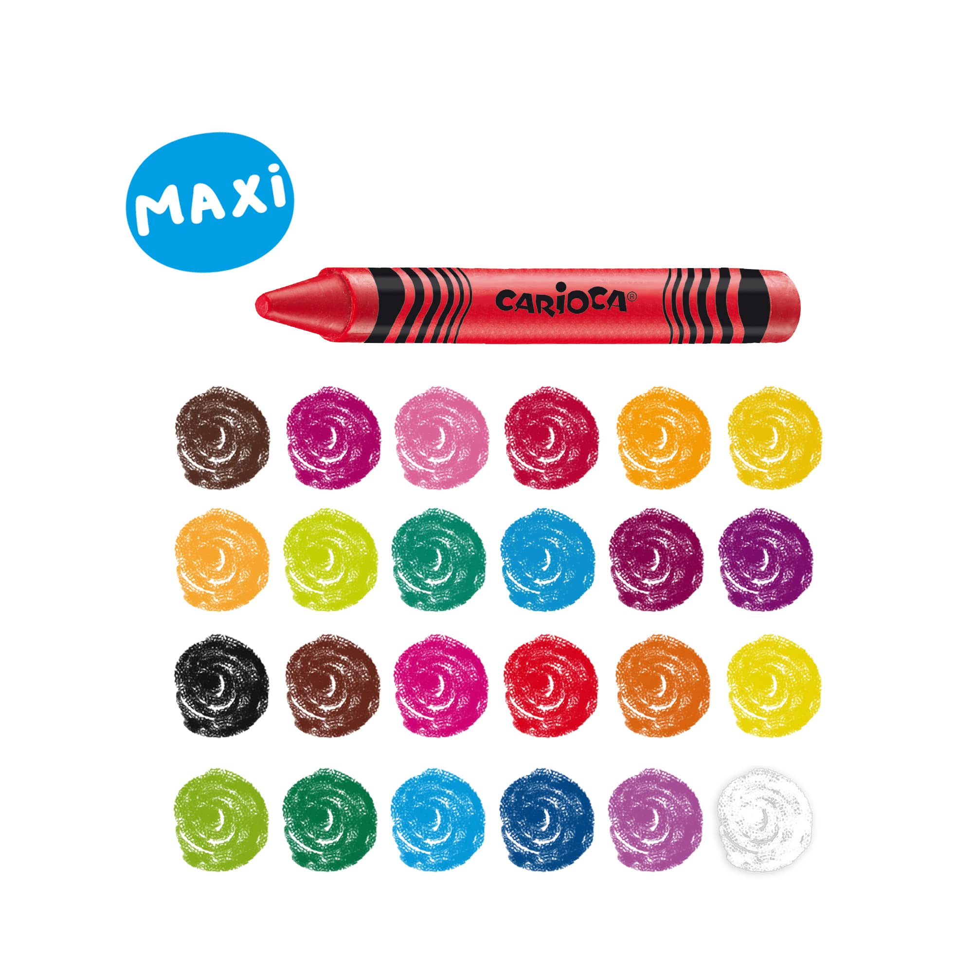 CARIOCA Pastelli Maxi Wax, Pastelli a Cera Lavabili con Punta Grossa per Bambini, Morbidi e Scorrevoli, Colori Assortiti e Brillanti, Facili da Temperare, 24 Pezzi