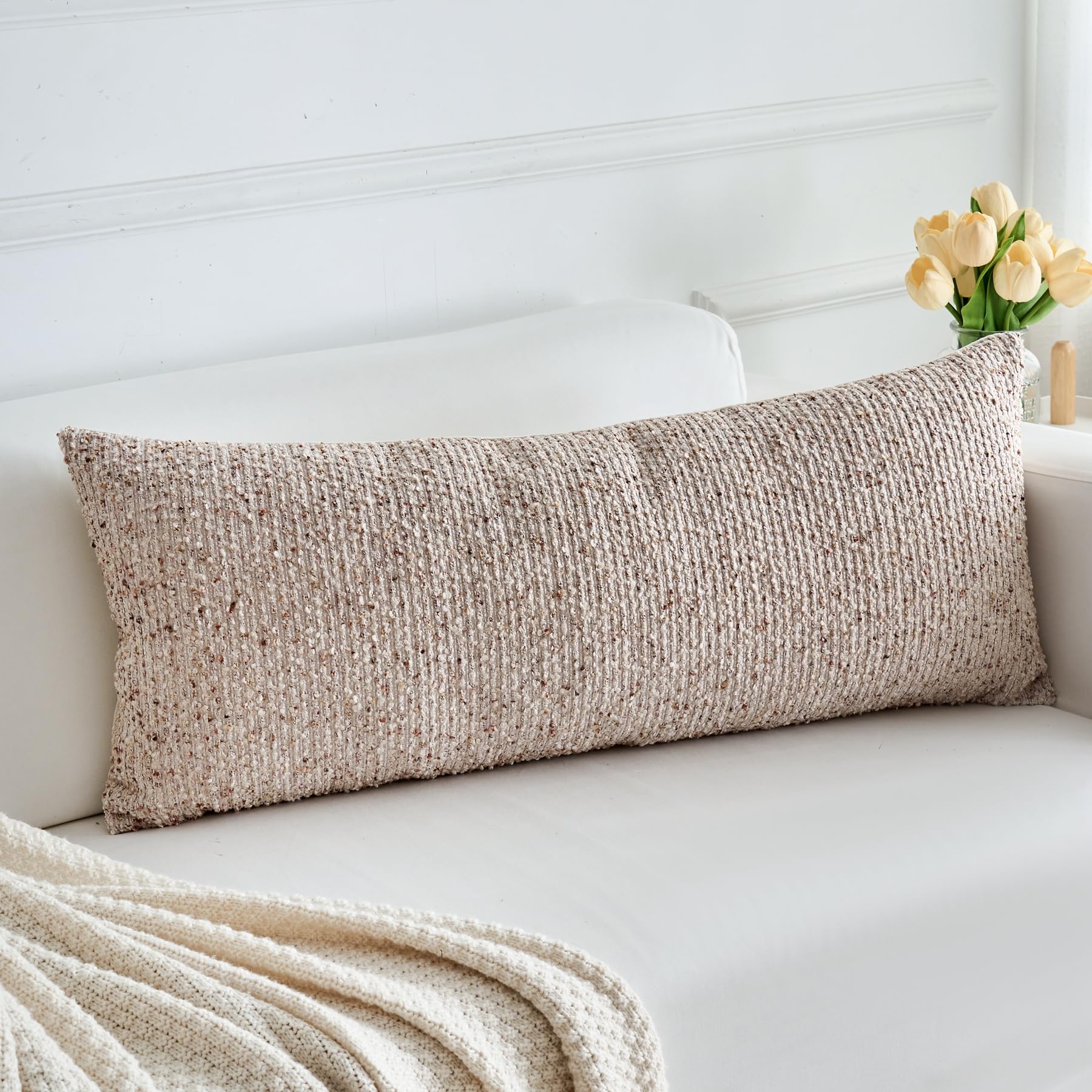 LIGICKY Textured Boucle Long Lumbar Throw Pillow Covers 14x36 Inch, Decorative Modern Accent Striped Pillow Cases Body Cushion for Bed Couch Sofa Living Room Home Decor, Beige (Cover ONLY, Pack of 1)