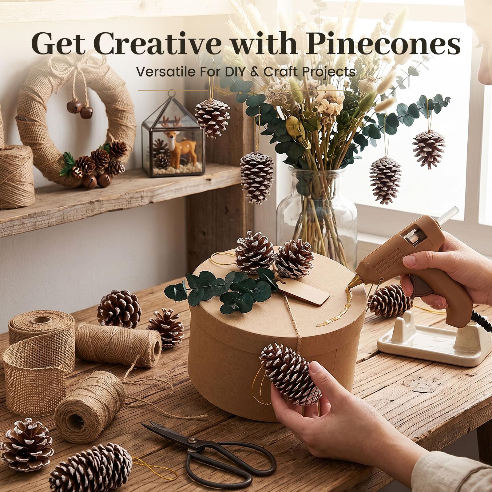 JOHOUSE Piñas de pino natural con nieve, 28 piñas de Navidad con cuerdas, surtido de piñas rústicas para decorar Navidad, otoño e invierno