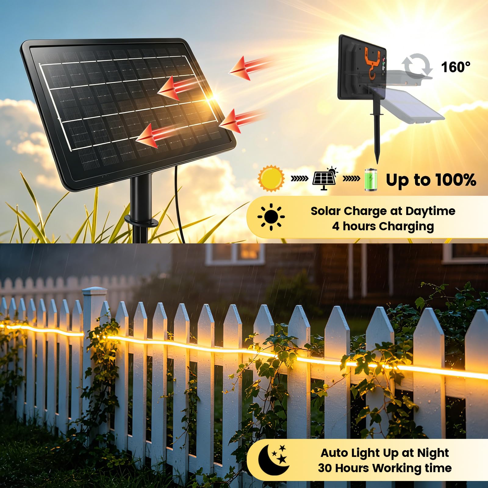 24V 7200mAH Tira LED Solar [10M, Blanco natural 4000-4500K], 240 LEDs/m Tira LED de jardín de silicona solar, flexible e impermeable IP68, 8 modos, iluminación decorativa para el hogar