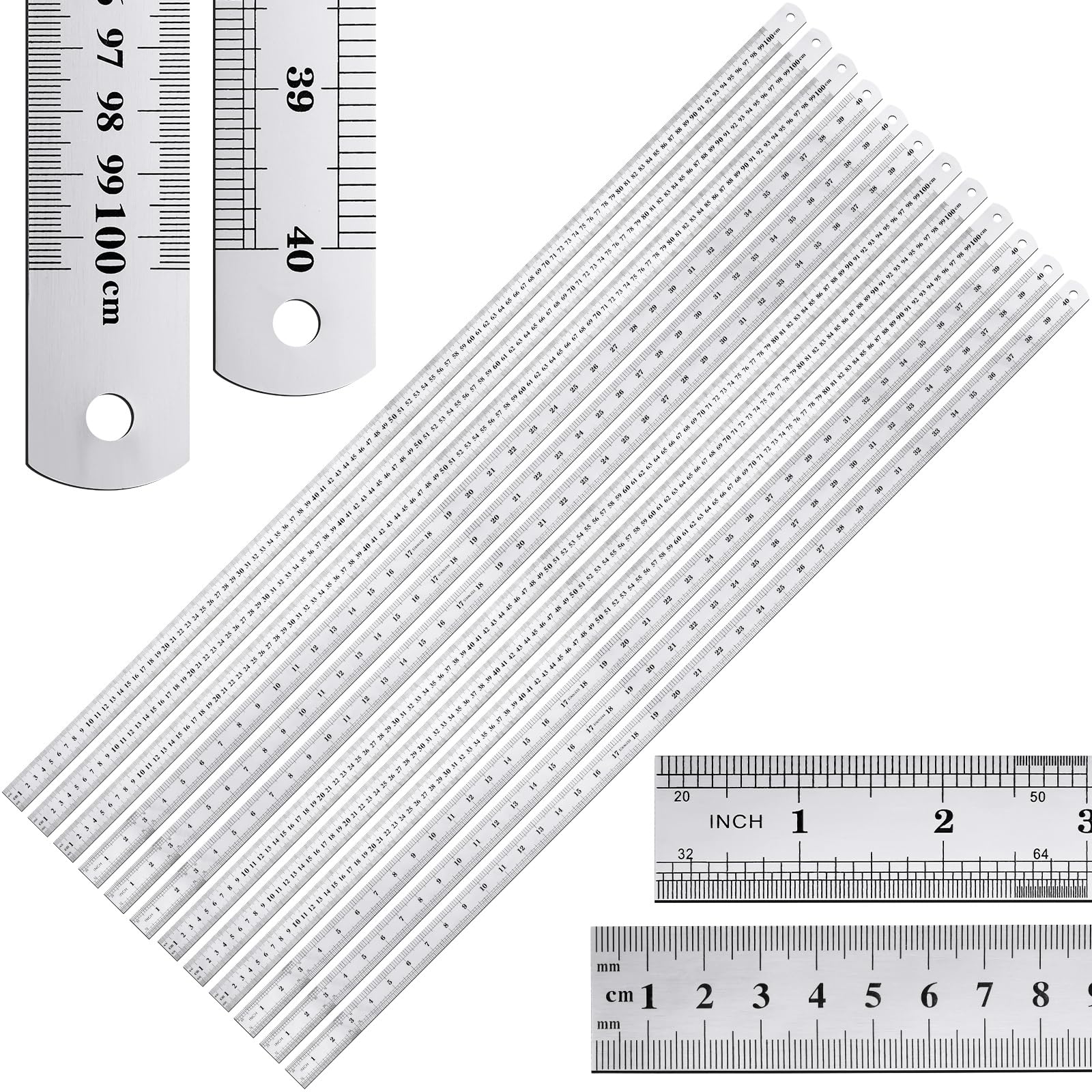 Lothee 12 Pieces Bulk Metal Yard Stick Large Stainless Steel Ruler Rule Measure Straight Edge 1 Metre Meter 40 Inch / 100 cm School Classroom