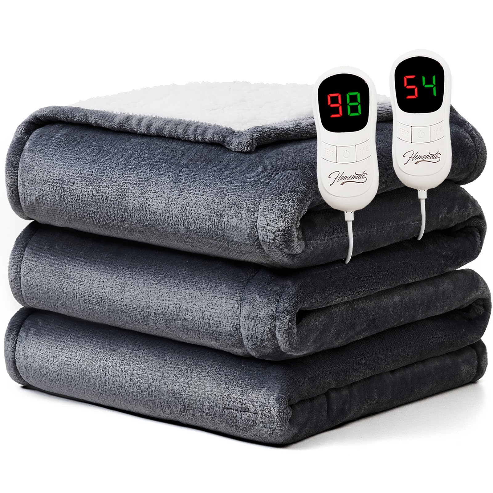 Homemate Electric Heated Blanket Queen Size - 84"x90" Heating Blanket Queen Size Dual Control 1/2/4/6/8 Hours Auto-Off 10 Heat Level Over-Heat Protection Flannel Sherpa ETL CertificationHomemate Electric Heated Blanket Queen Size - 84"…