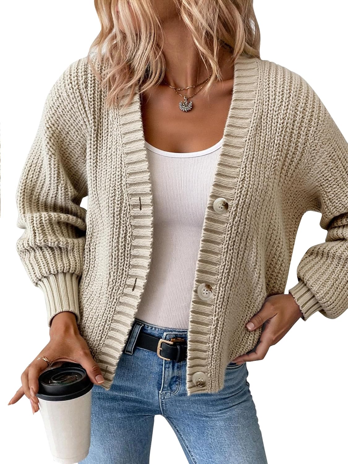 Women’s Chunky Knit Cardigan – Waffle Knit Button Down Oversized V Neck Fall Sweater for Casual Layering