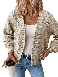 Women’s Chunky Knit Cardigan – Waffle Knit Button Down Oversized V Neck ...