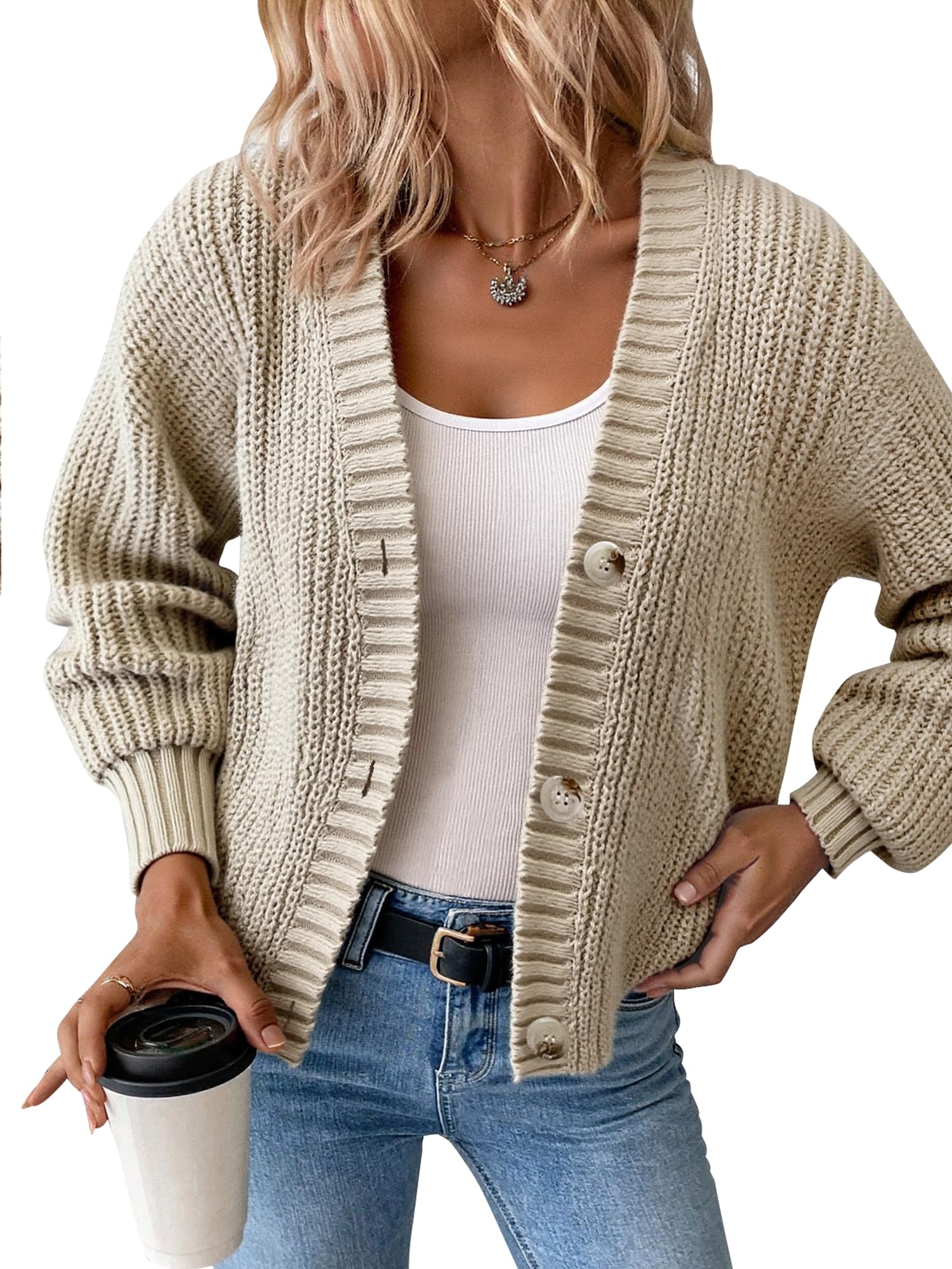 Womens Chunky Knit Cardigan Waffle Knit Button Down Oversized V Neck Fall Sweater for Casual Layering