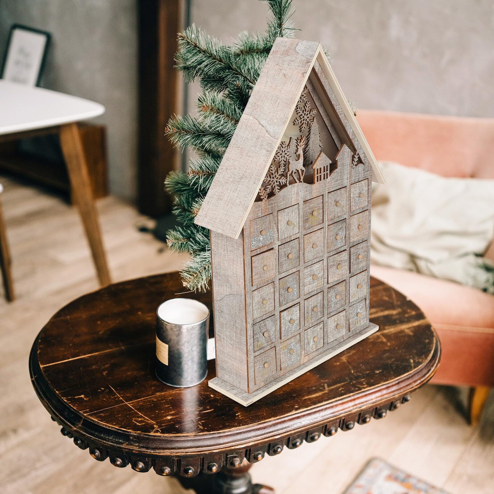 Baluue Calendario Natalizio in Legno Cassetto Luminoso a Forma di Casa Decorazione da Scrivania per e Famiglia Ornamento Natalizio Decorativo per Casa e Ufficio