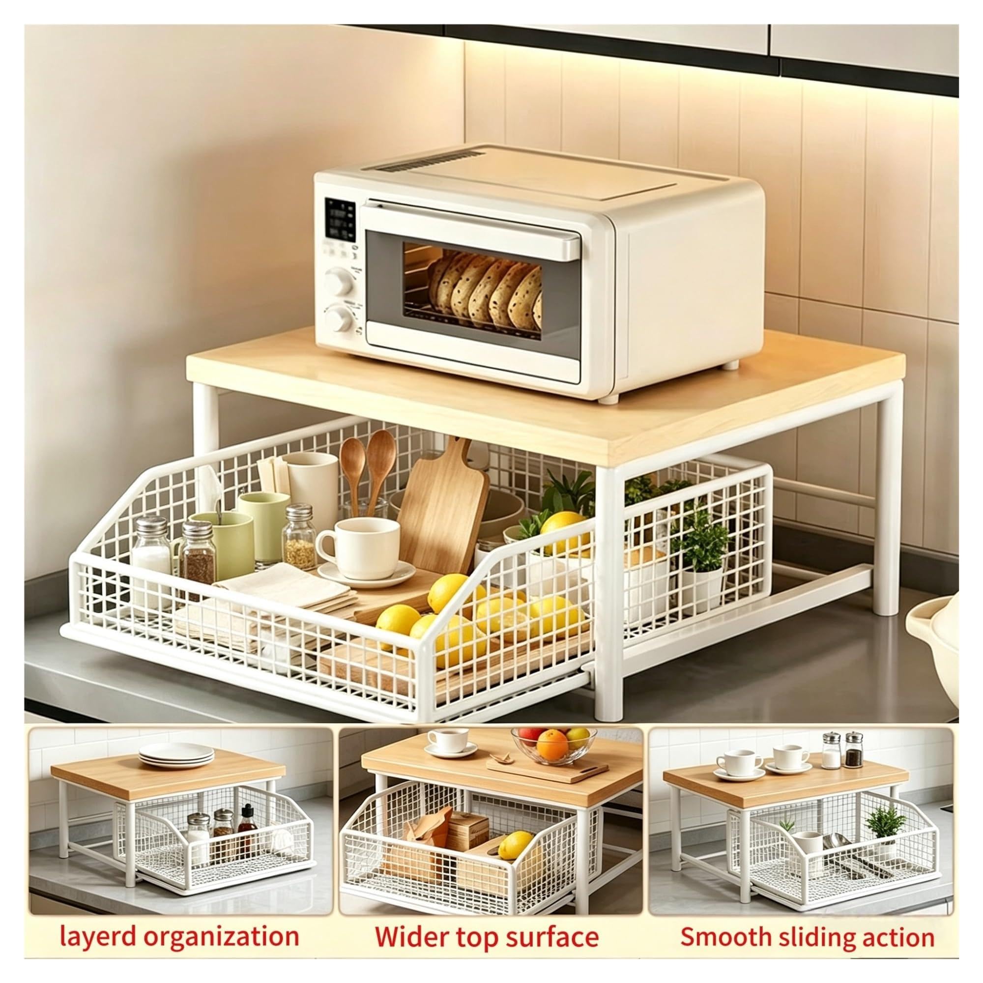 Organizzatore Piano Legno 2 Piani Cassetto Cesto Metallo Cucina Camera